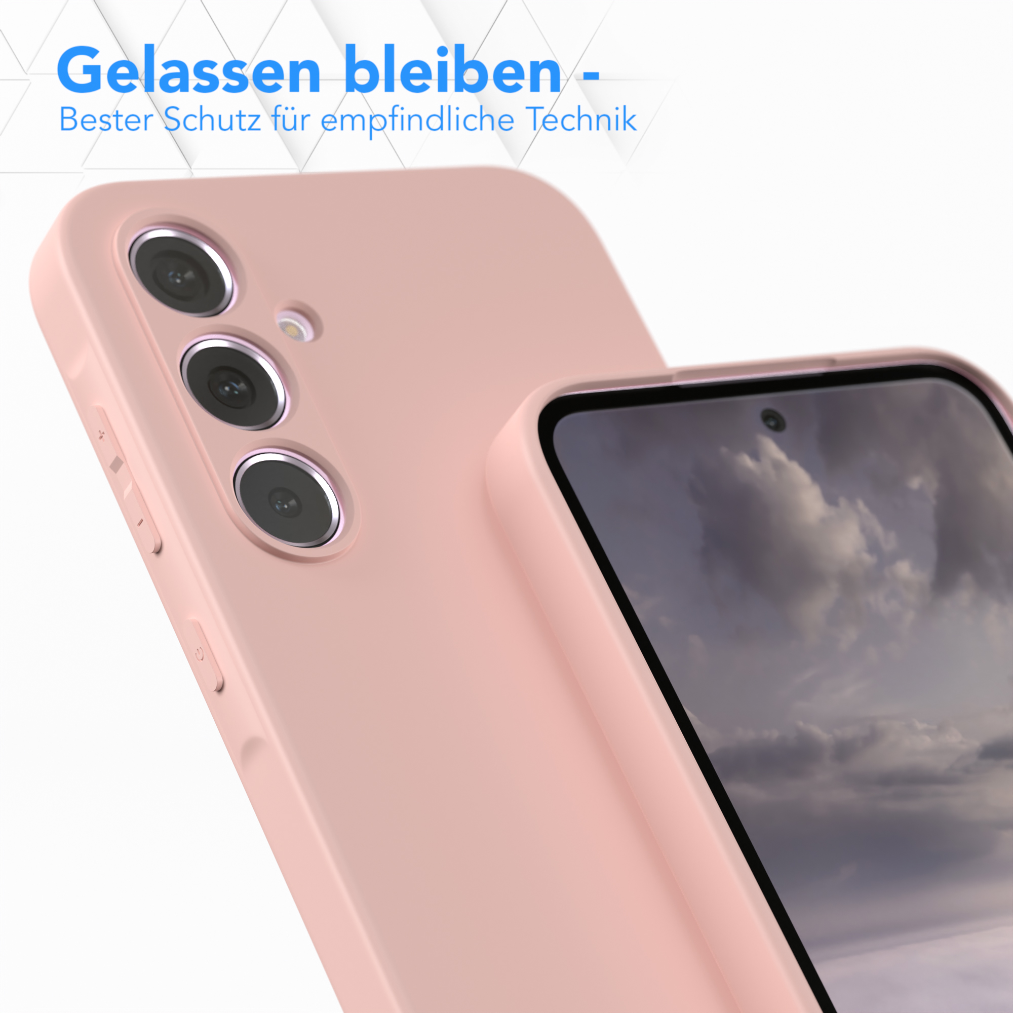 Rosa Handyhülle schützt ein Telefon. Der Bildschirm zeigt eine Landschaftsszene.