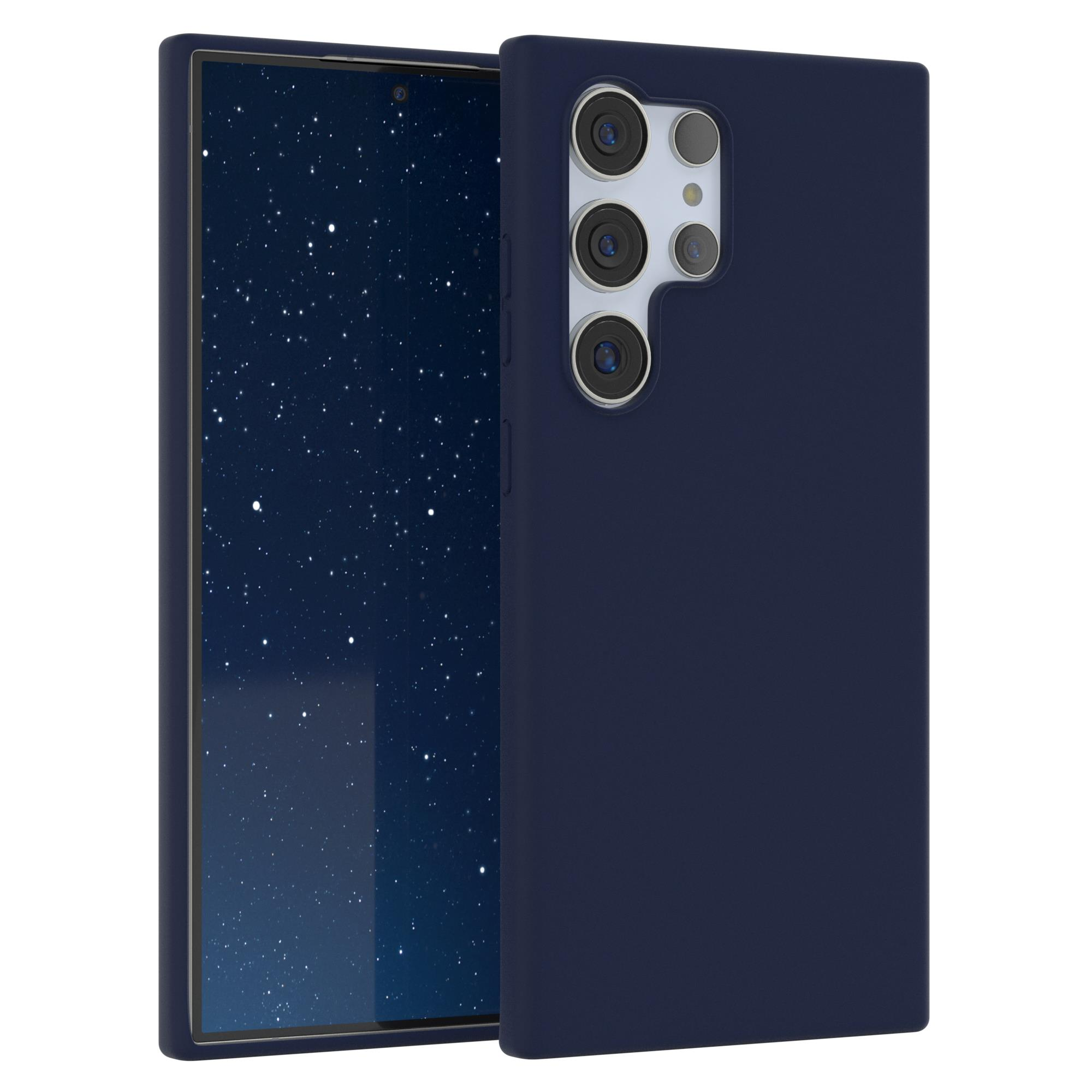 Dunkelblaues Telefon mit dunkelblauer Hülle, Sternenhimmel auf dem Bildschirm sichtbar.