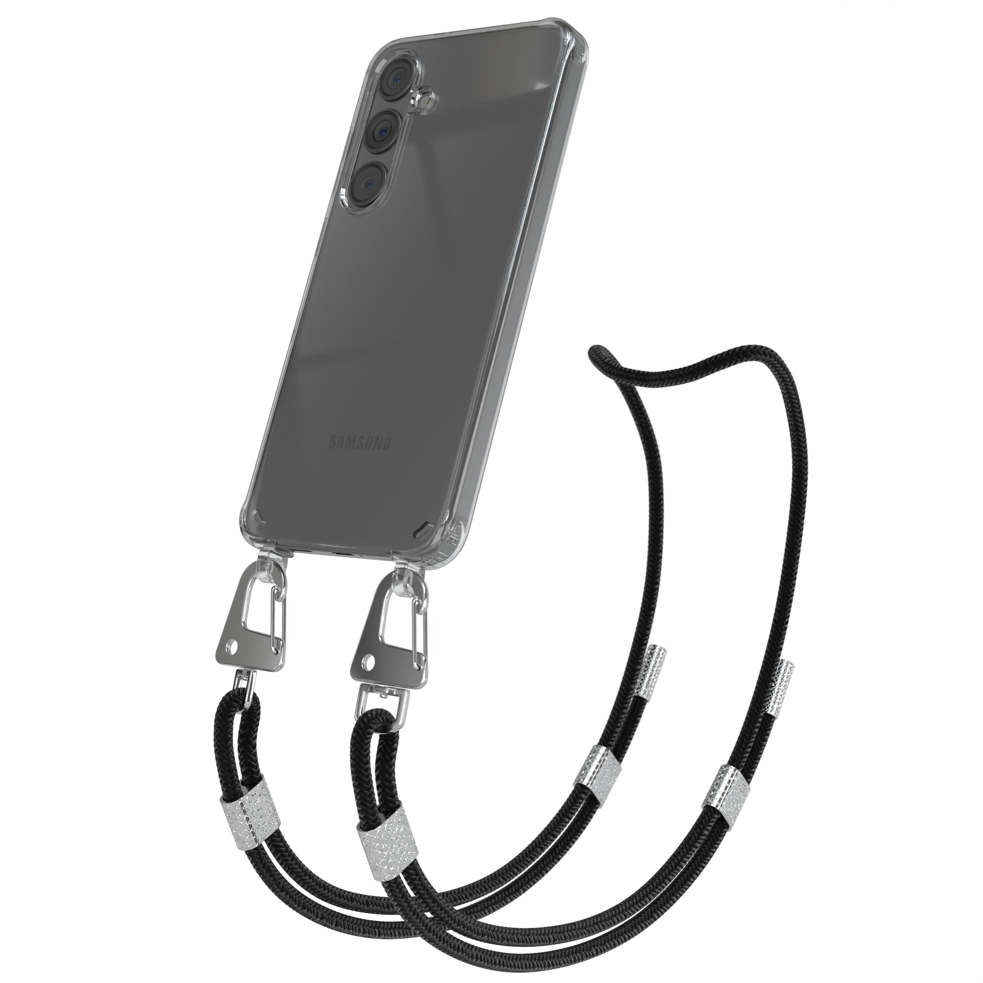 Klare Handyhülle mit schwarzem Lanyard. Telefon ist klar, schwarzes Lanyard hat silberne Akzente.