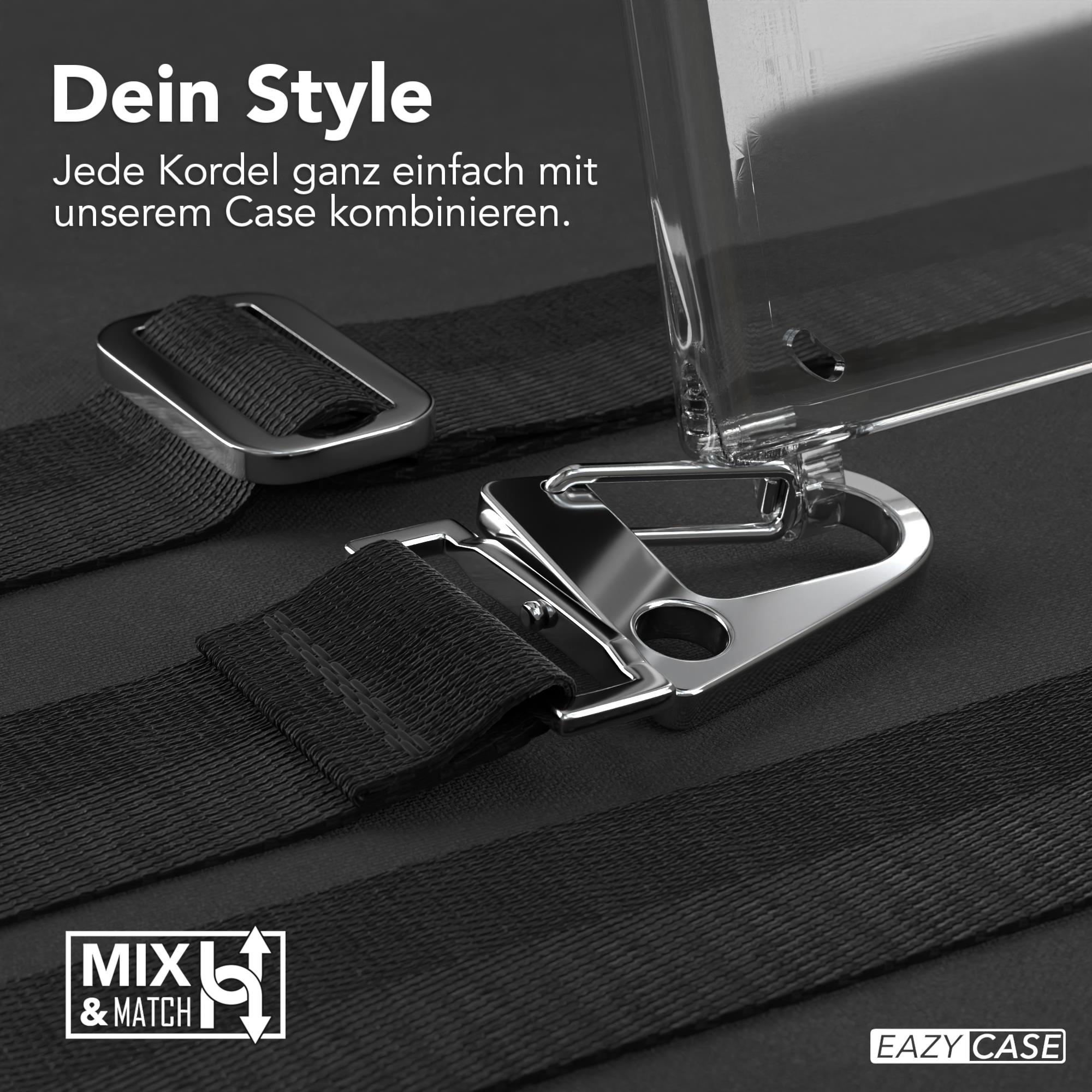 Nahaufnahme von Handyhüllenriemen und Clips. Text lautet: Dein Style. Schwarzer Riemen auf blauem Hintergrund.