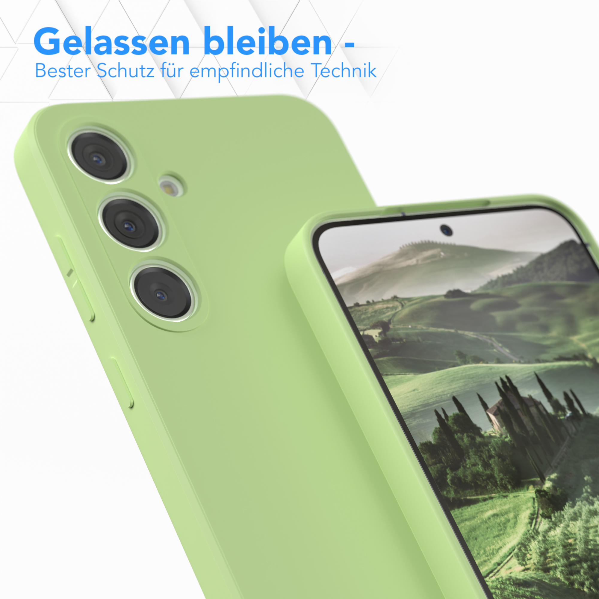 Eine hellgrüne Handyhülle mit einem Telefon darin. Es hat eine gewölbte Rückseite.