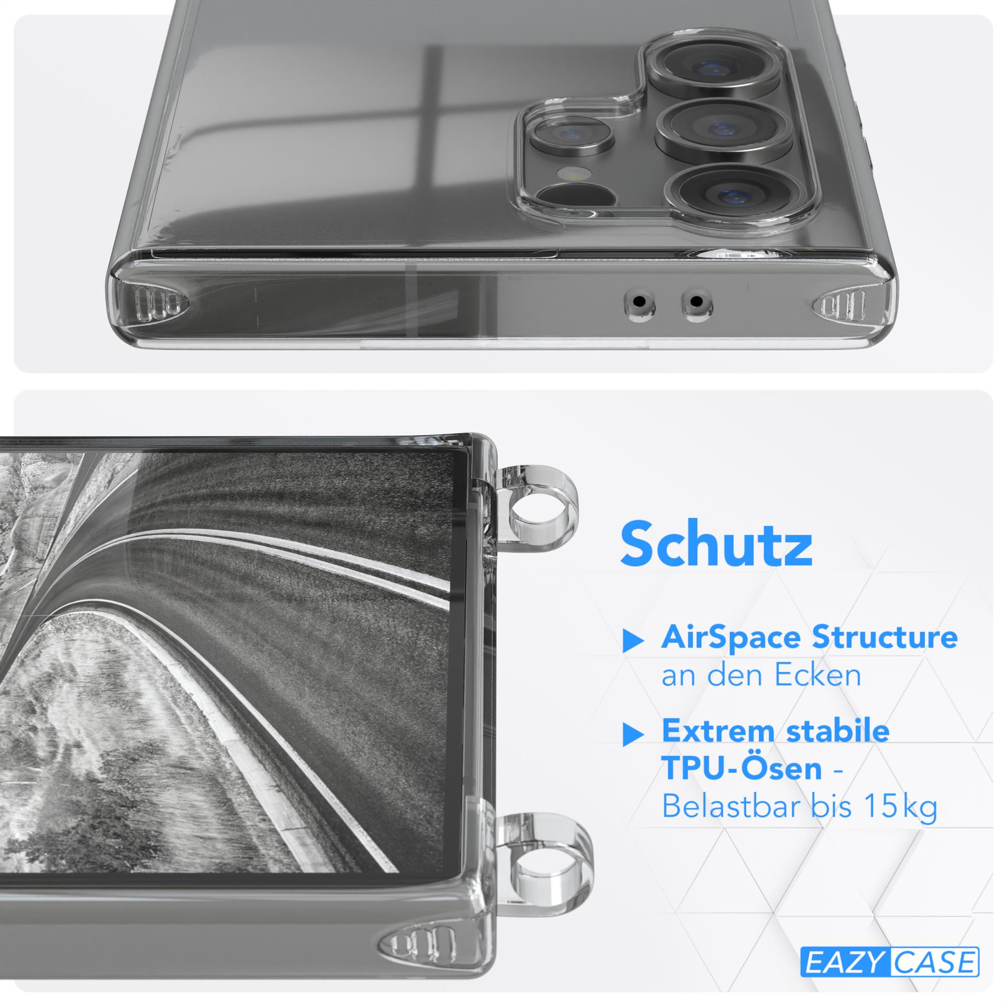 Transparente Handyhülle auf einem Telefon, das eine Straße zeigt. Text weist auf Merkmale wie AirSpace hin.