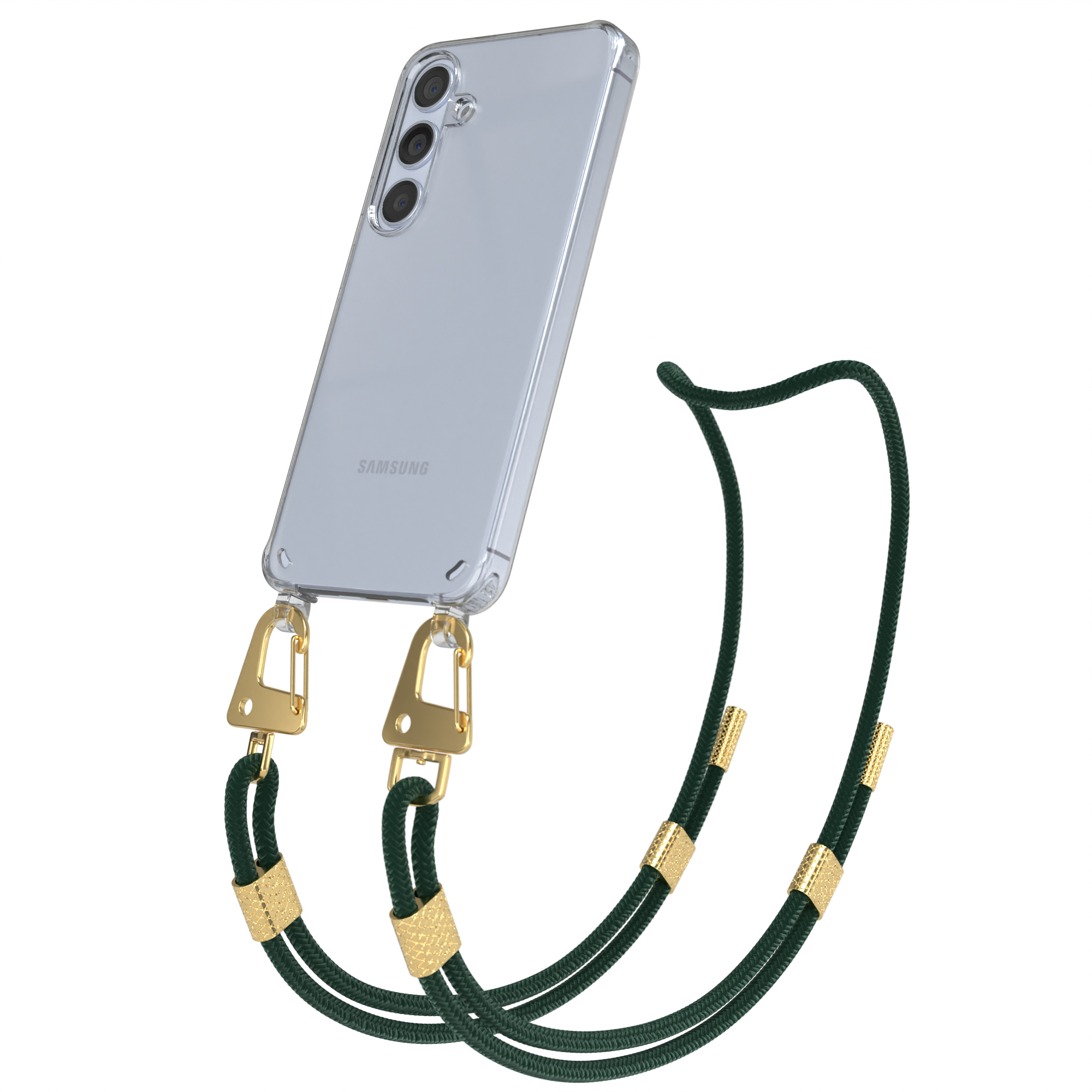 Klares Telefon mit grünem Gurt, goldene Anschlüsse. Das Telefon ist links.