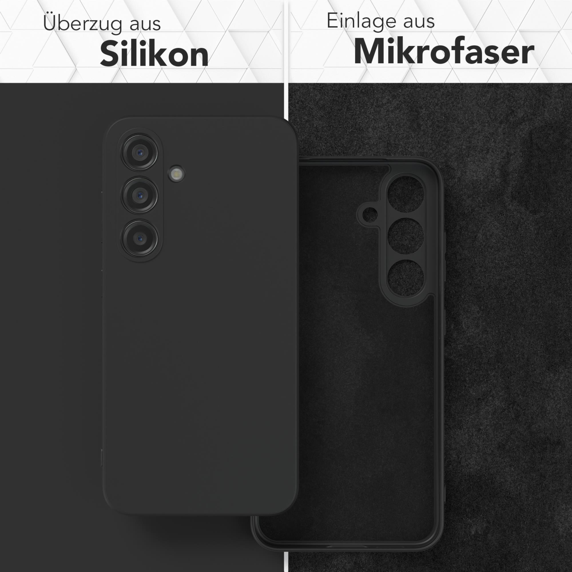 Zwei Handyhüllen, die das Silikon außen und die Mikrofaser innen zeigen, mit Produktetiketten.