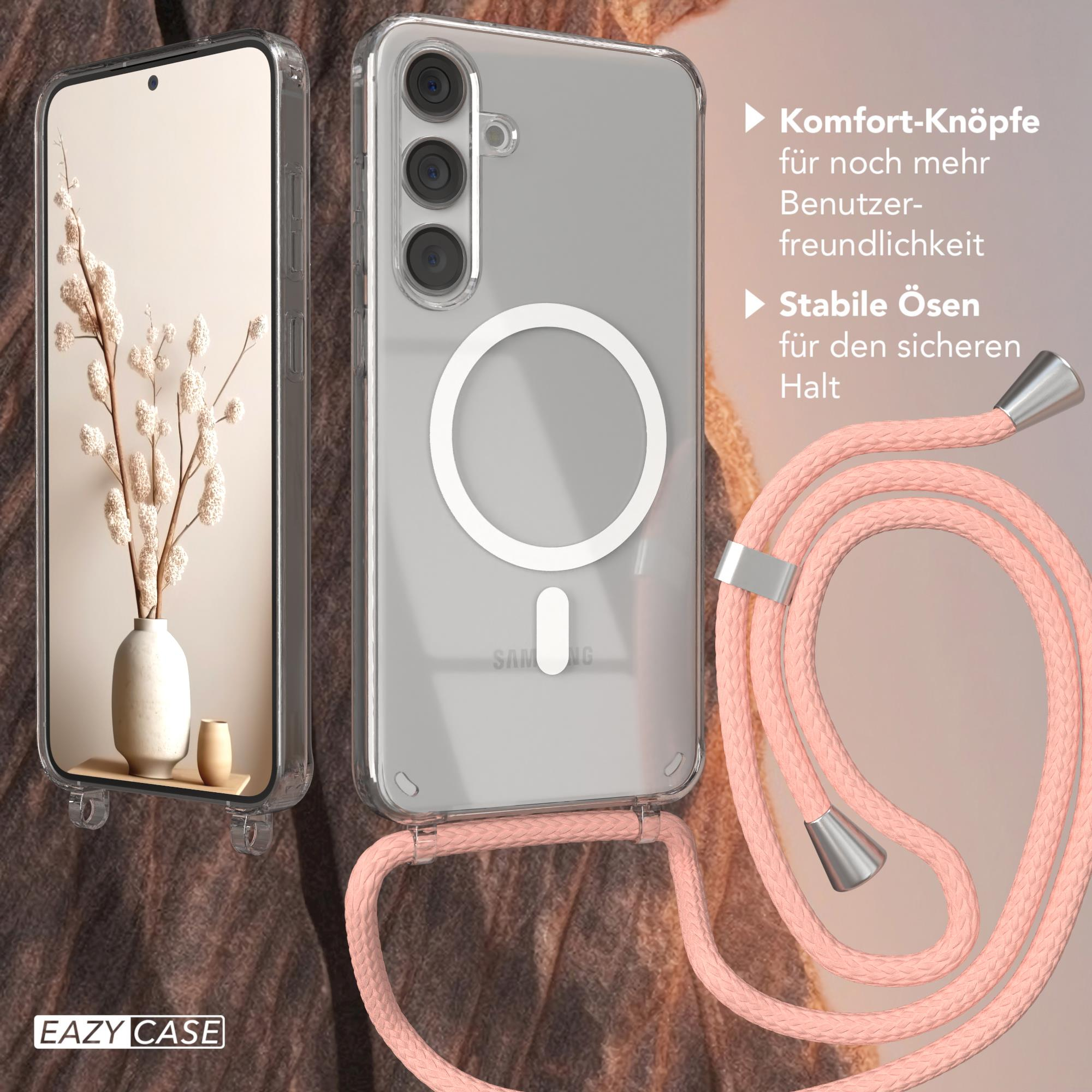 Zwei Smartphones in Hüllen. Eins mit Blumenvase, das andere mit Lanyard. Eazy Case Text.