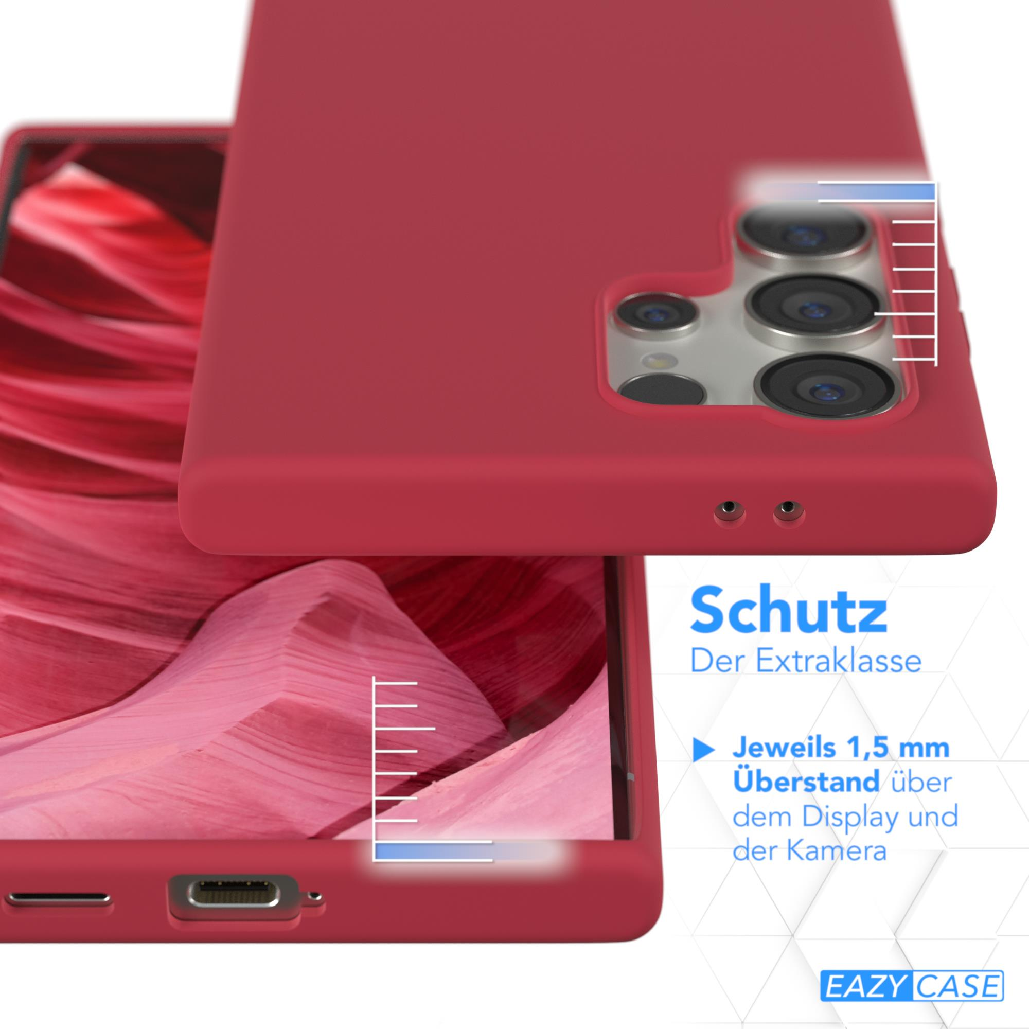 Nahaufnahme roter Handyhülle und Telefon. Text hebt Schutzmerkmale, 1,5 mm Überstand hervor.