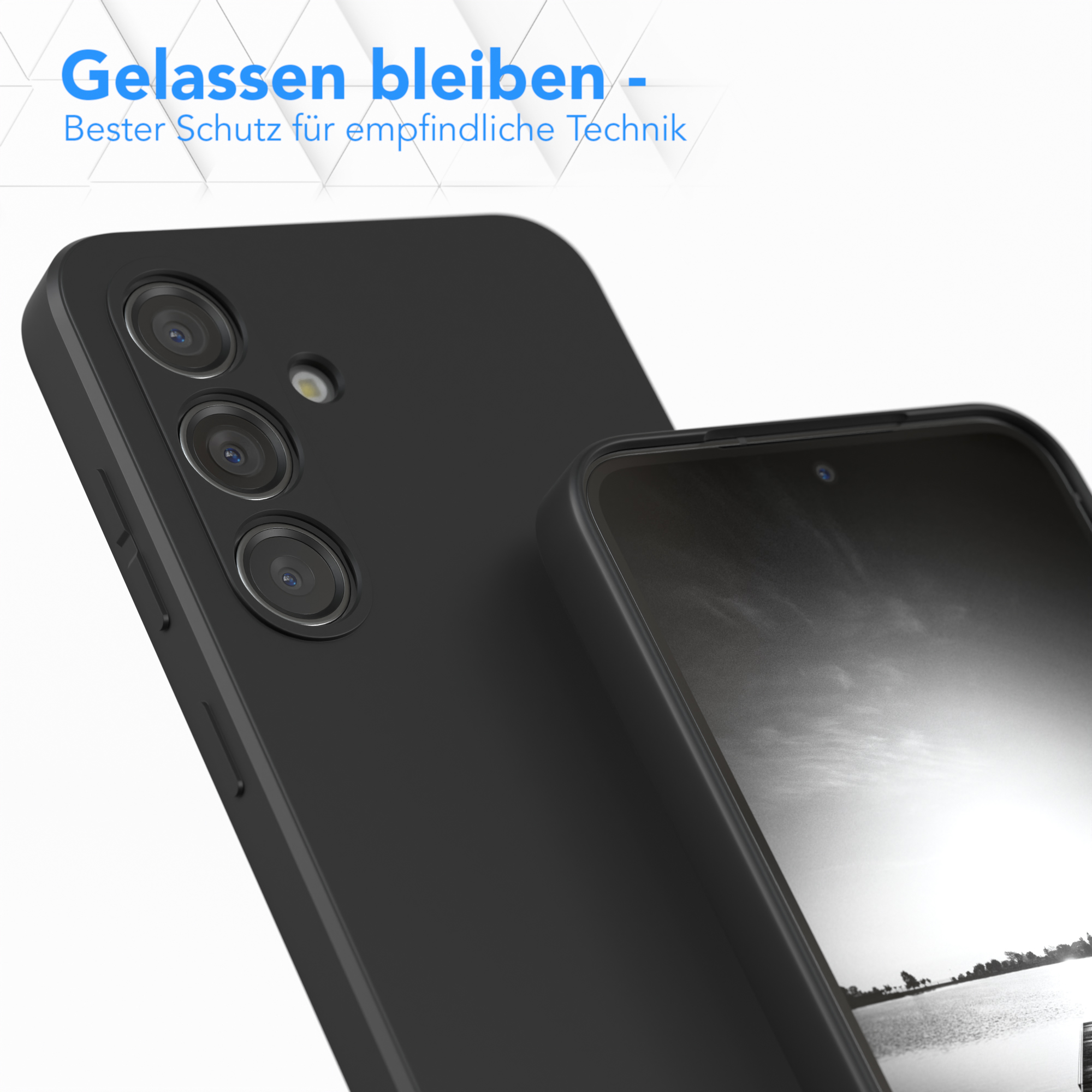 Schwarze Handyhülle und Telefon, mit drei Kameralinsen.