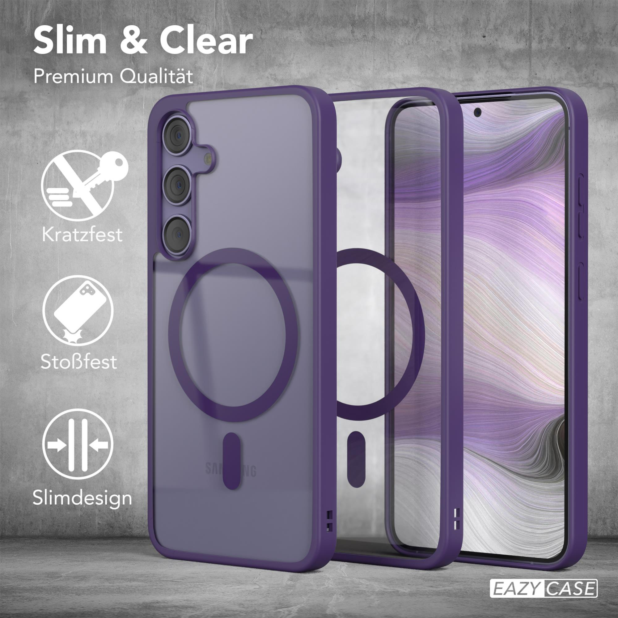 Lila Handyhüllen-Schichten, klare Hülle und Telefon. Text: Slim & Clear. Eazy Case Logo.