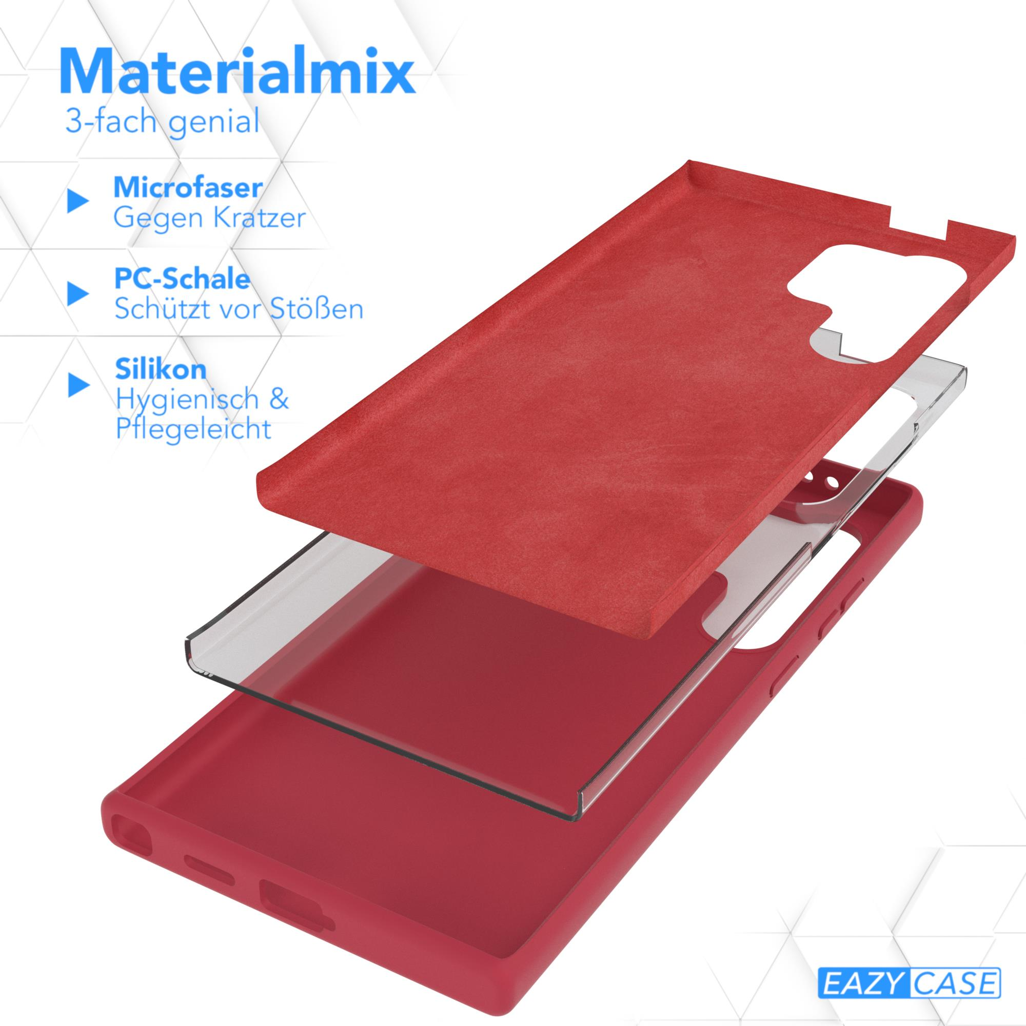 Teile der Handyhülle. Rote, transparente und rote Schichten. Weißer Hintergrund.