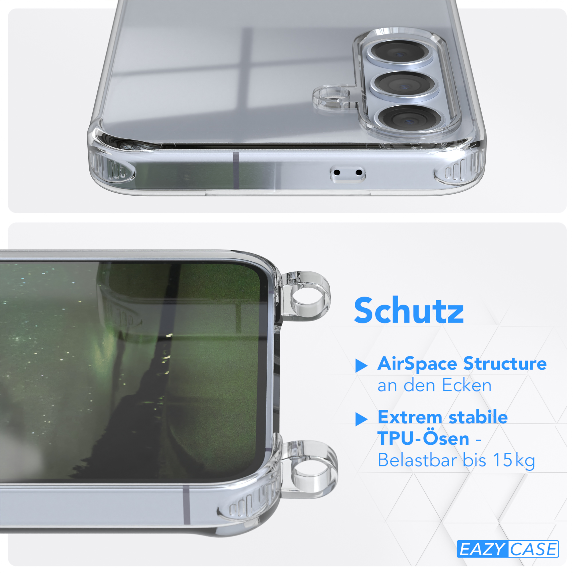 Eine transparente Handyhülle, die das Eckdesign zeigt. Der Text lautet 'Schutz'. Zwei Schlaufen sind sichtbar.