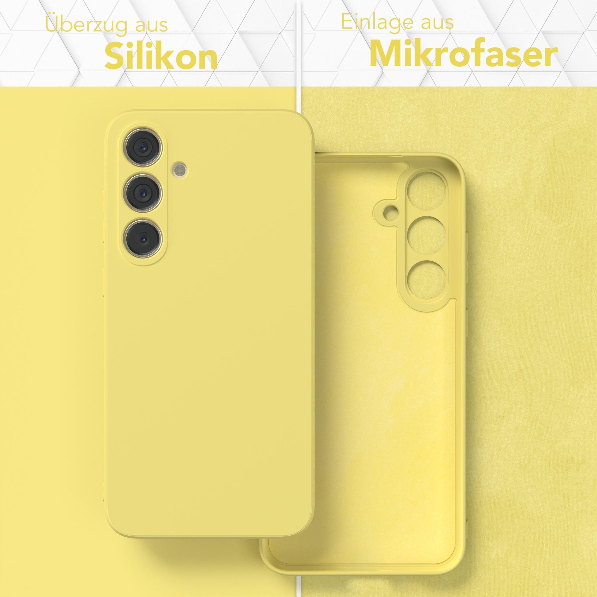Gelbe Handyhülle, Silikon außen, Mikrofaser innen, gelber Hintergrund.