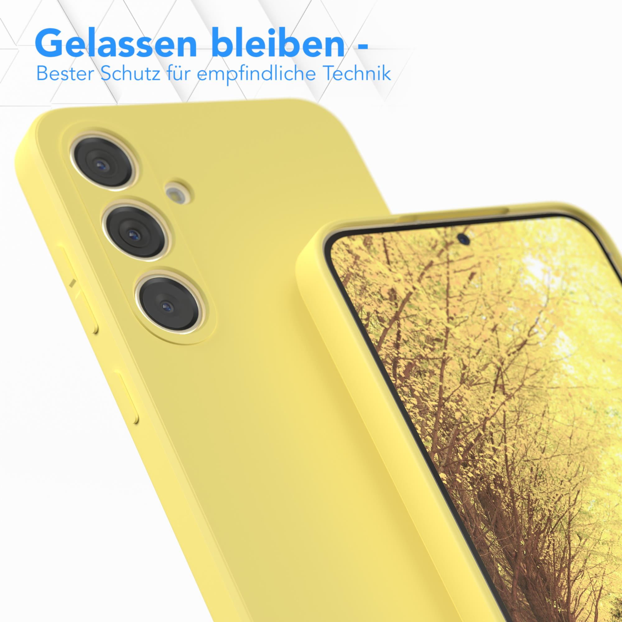 Zwei gelbe Handyhüllen nah, zeigen einen Bildschirm mit gelber Herbstszene.