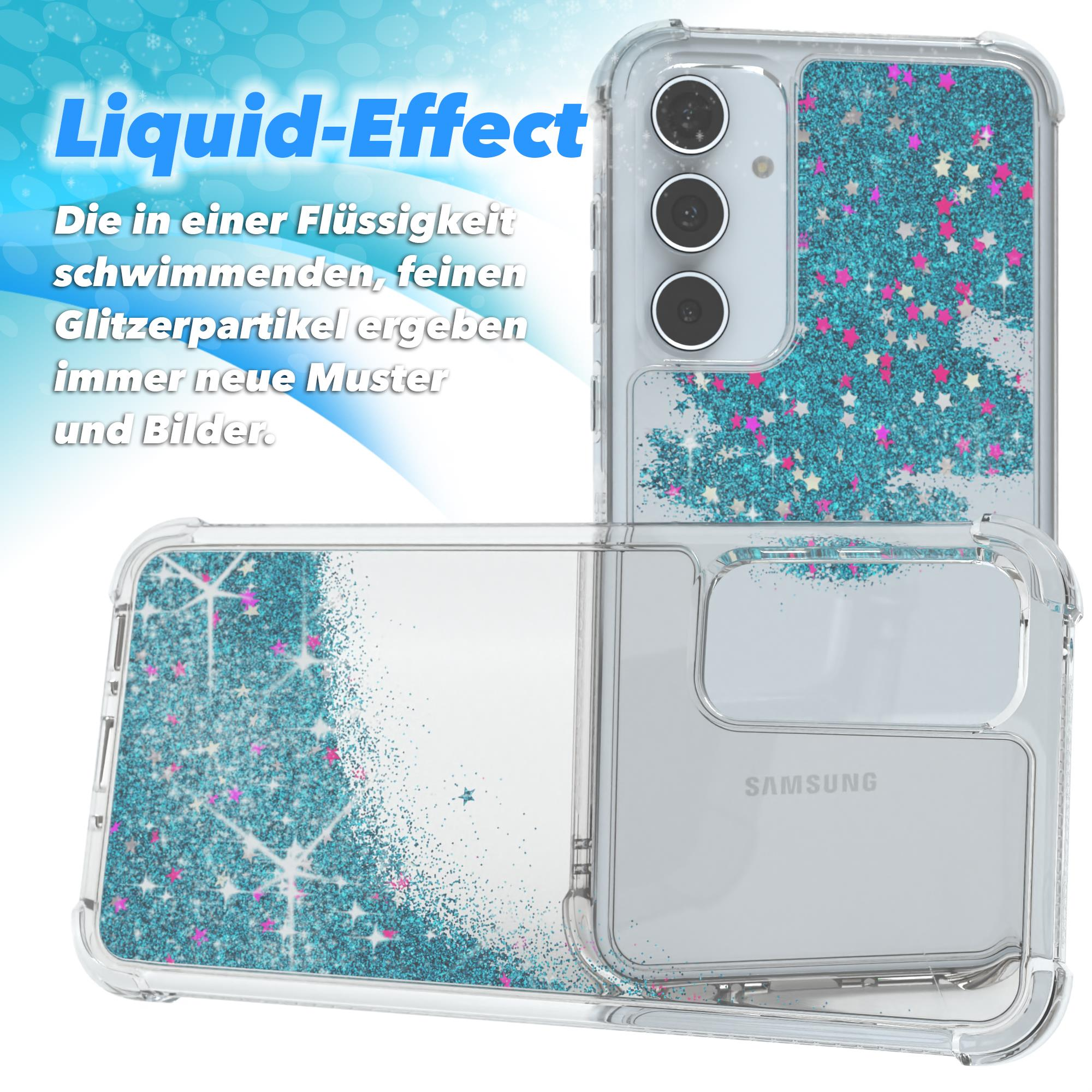 Eine transparente Handyhülle mit Flüssigkeit und Glitzer um ein Telefon herum.