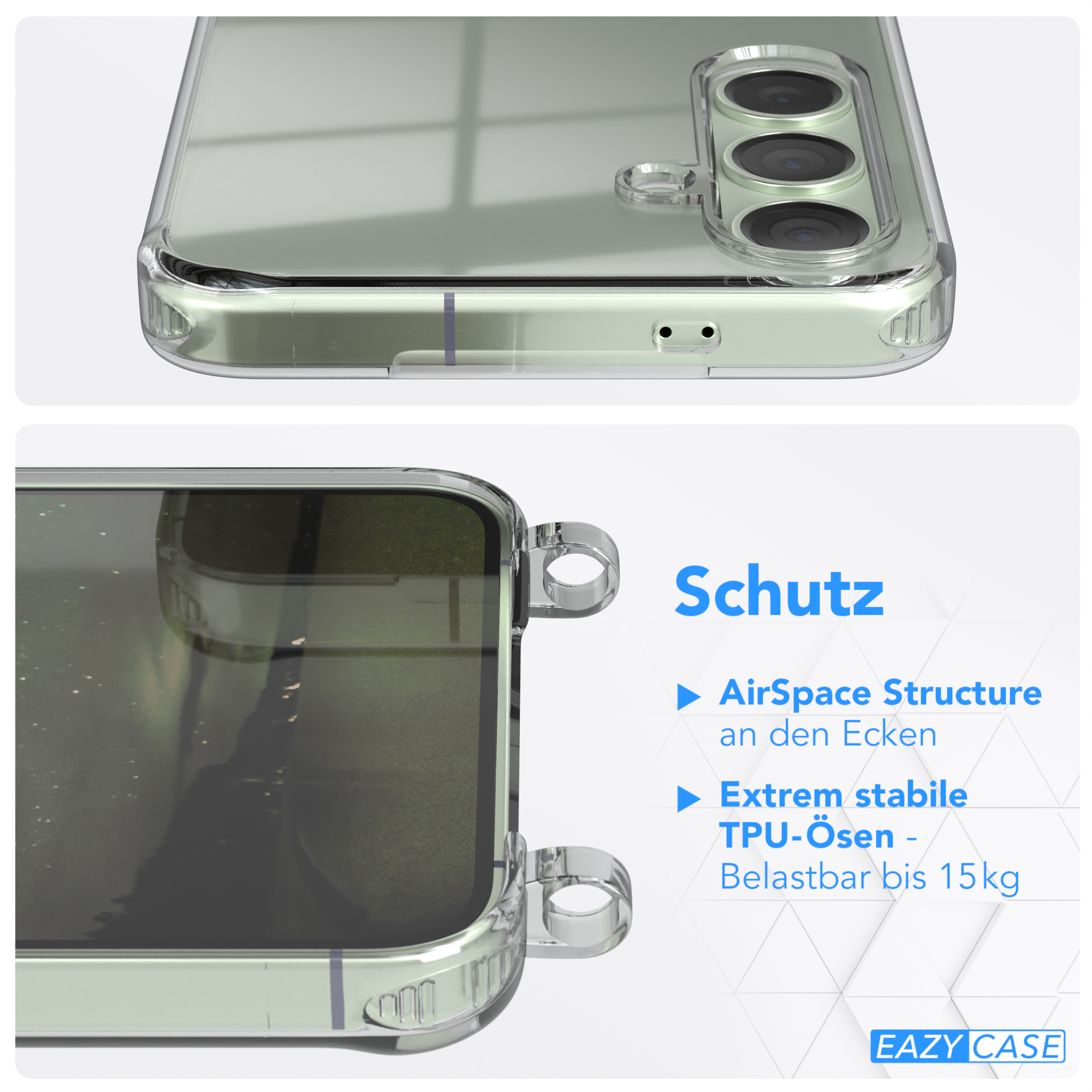 Handyhülle, Draufsicht, mit Text: Schutz, AirSpace Struktur und TPU-Ösen.