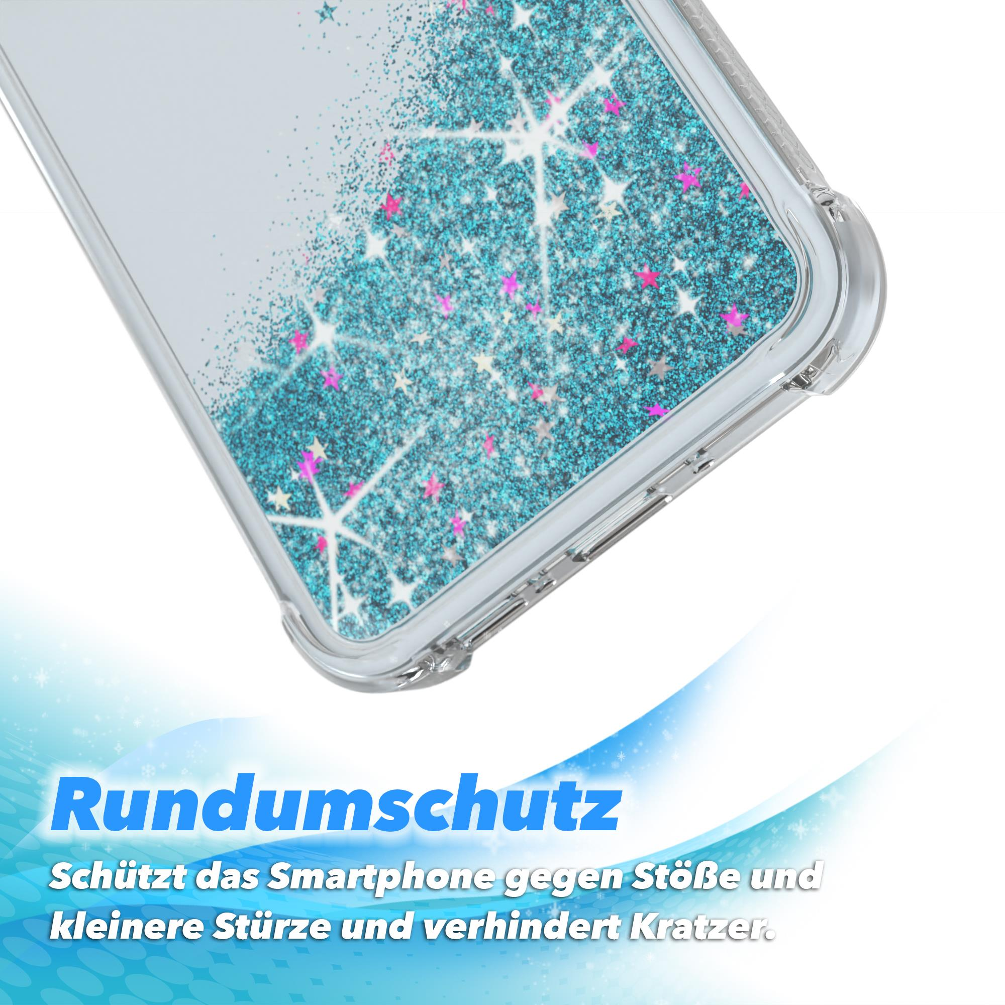Nahaufnahme einer durchsichtigen Handyhülle mit blauem Glitzer. Die Hülle schützt das Telefon.