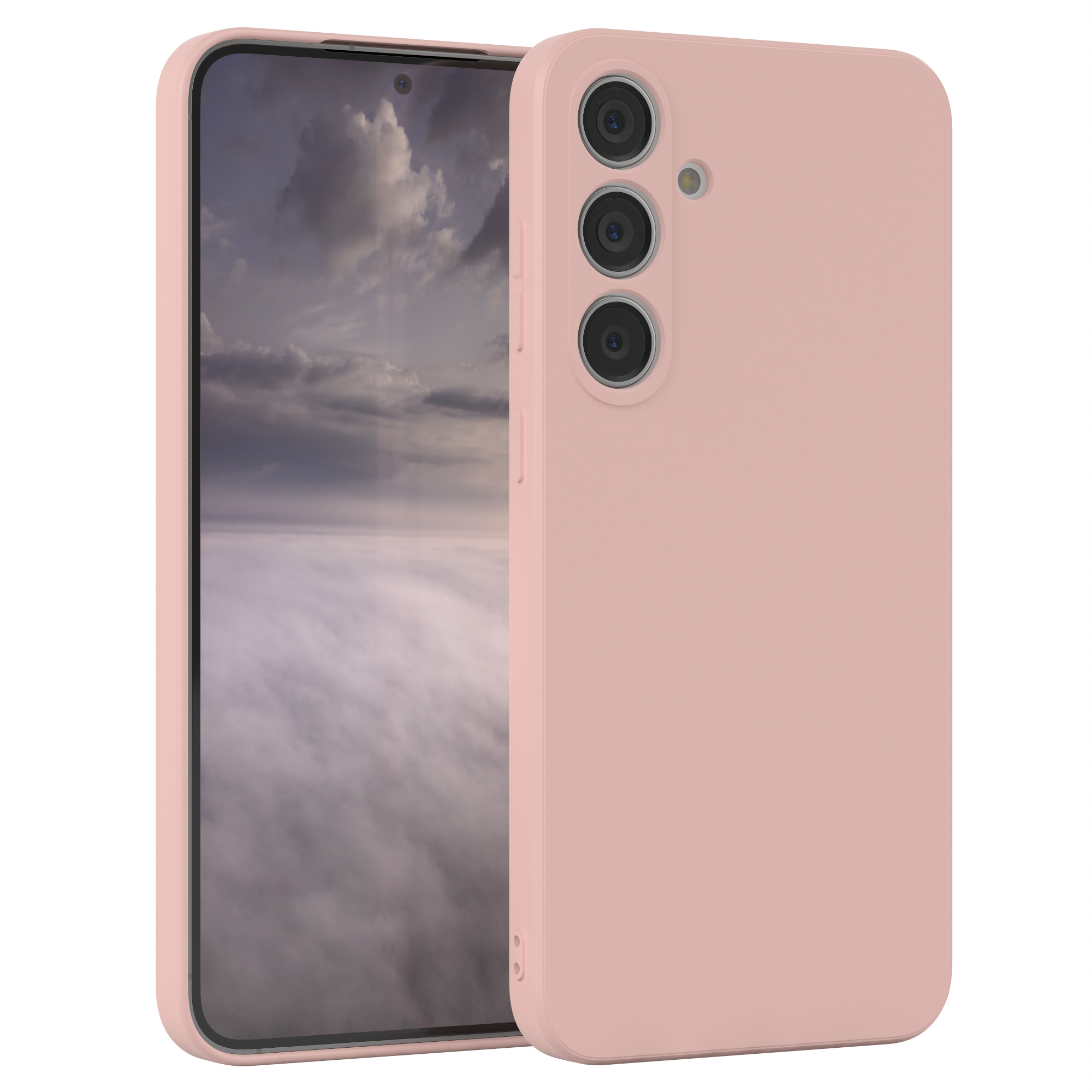 Rosa Handyhülle, geöffnet, um den Bildschirm zu zeigen. Das Telefon hat drei Kameras.