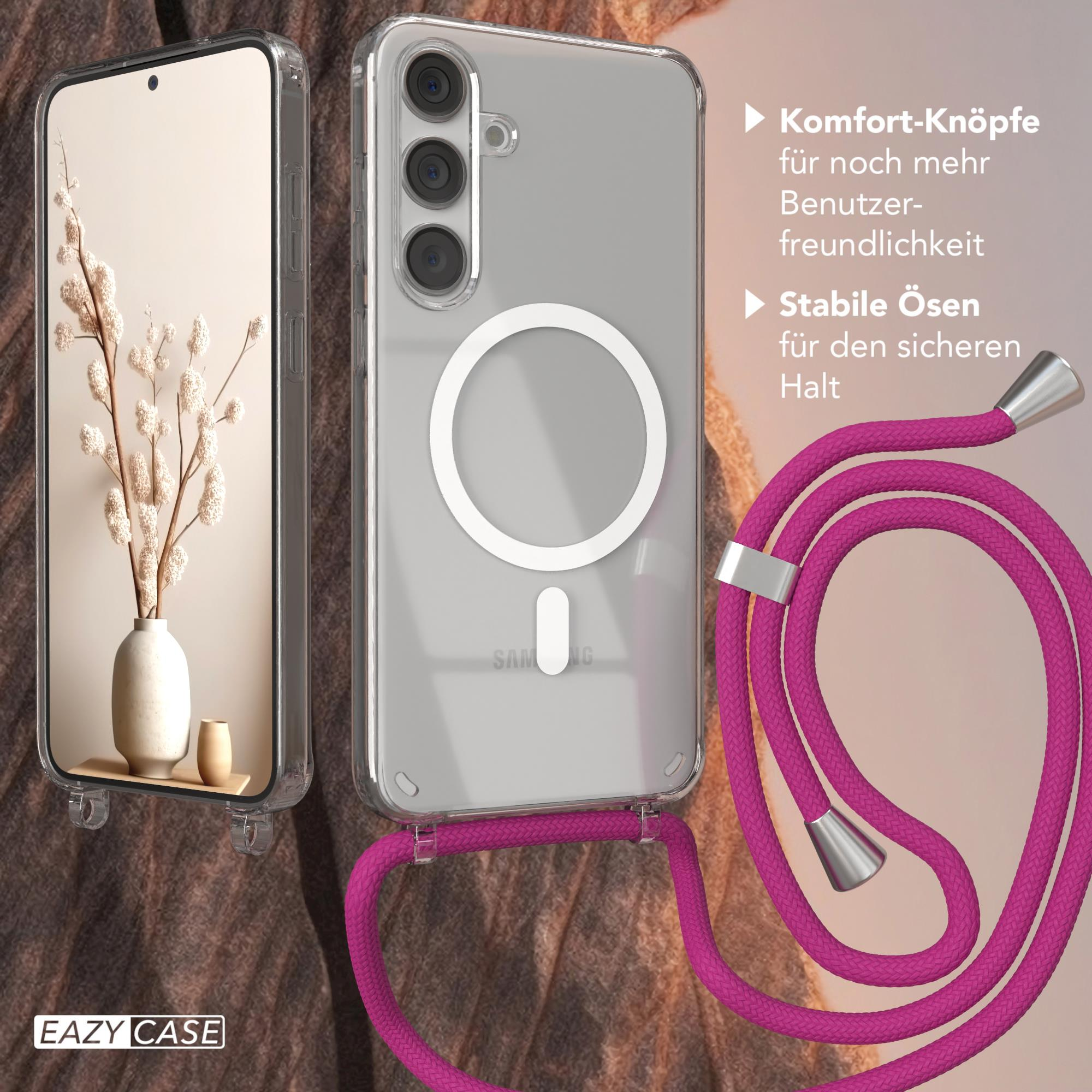 Handyhülle mit Lanyard und Details. Text: Komfort-Knöpfe, Stabile Ösen.