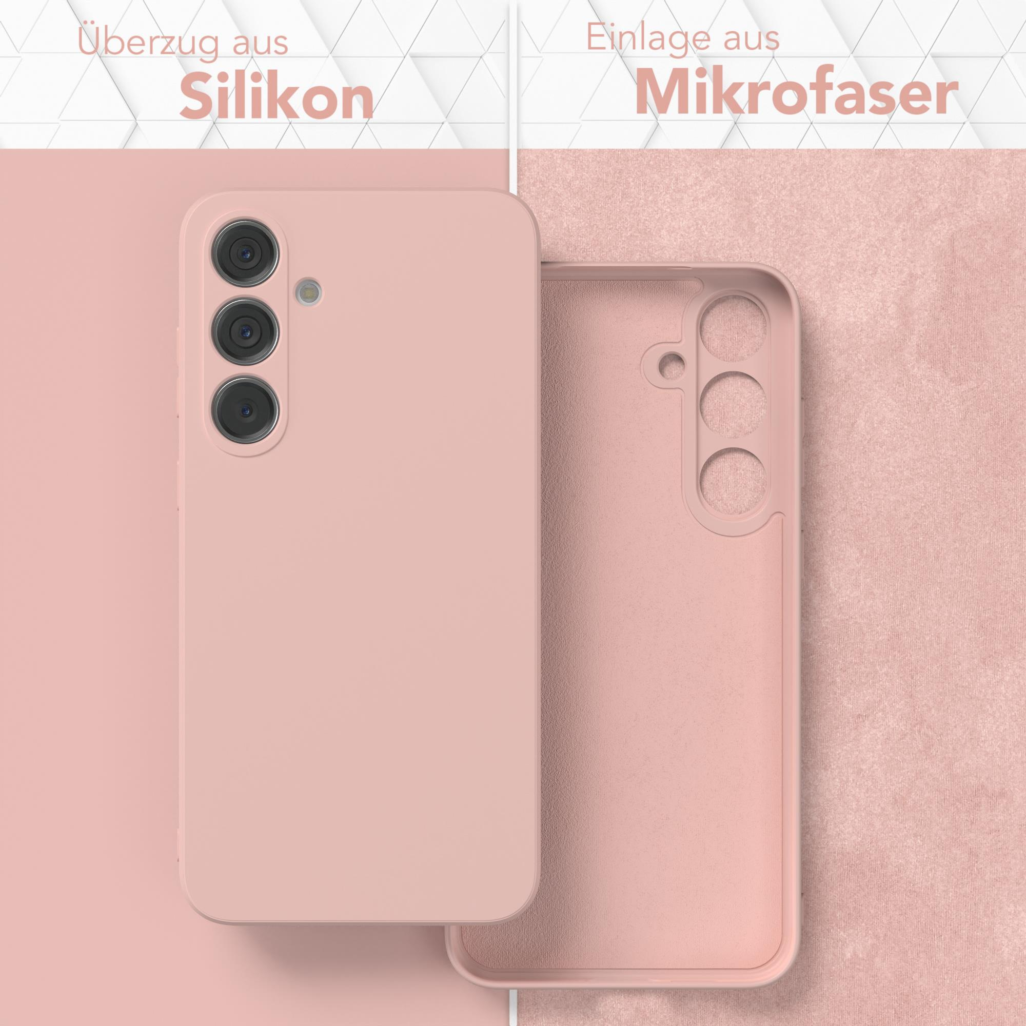 Rosa Handyhülle mit Mikrofaserfutter. Die Hülle hat drei Kameras und das Markenlogo.