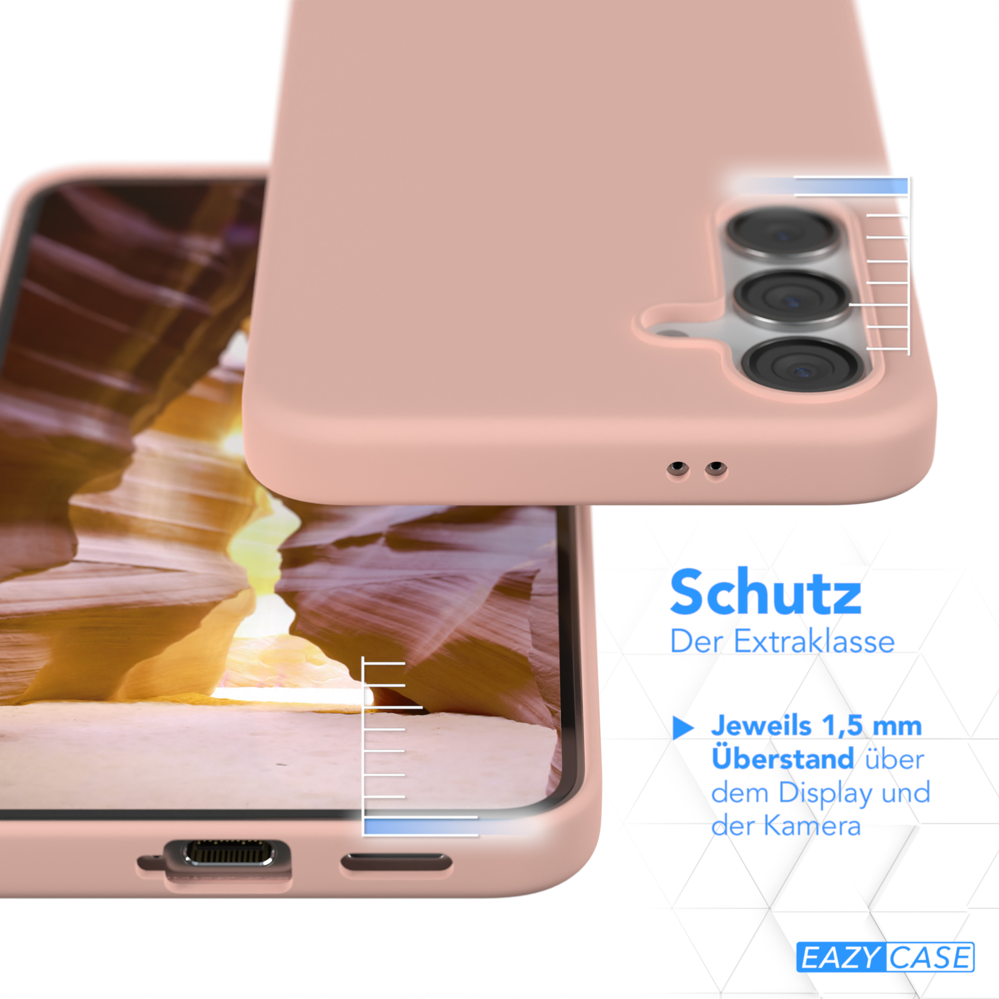 Eine pinkfarbene Handyhülle mit einem Telefon darin, das Schichten und Text über Schutzfunktionen zeigt.