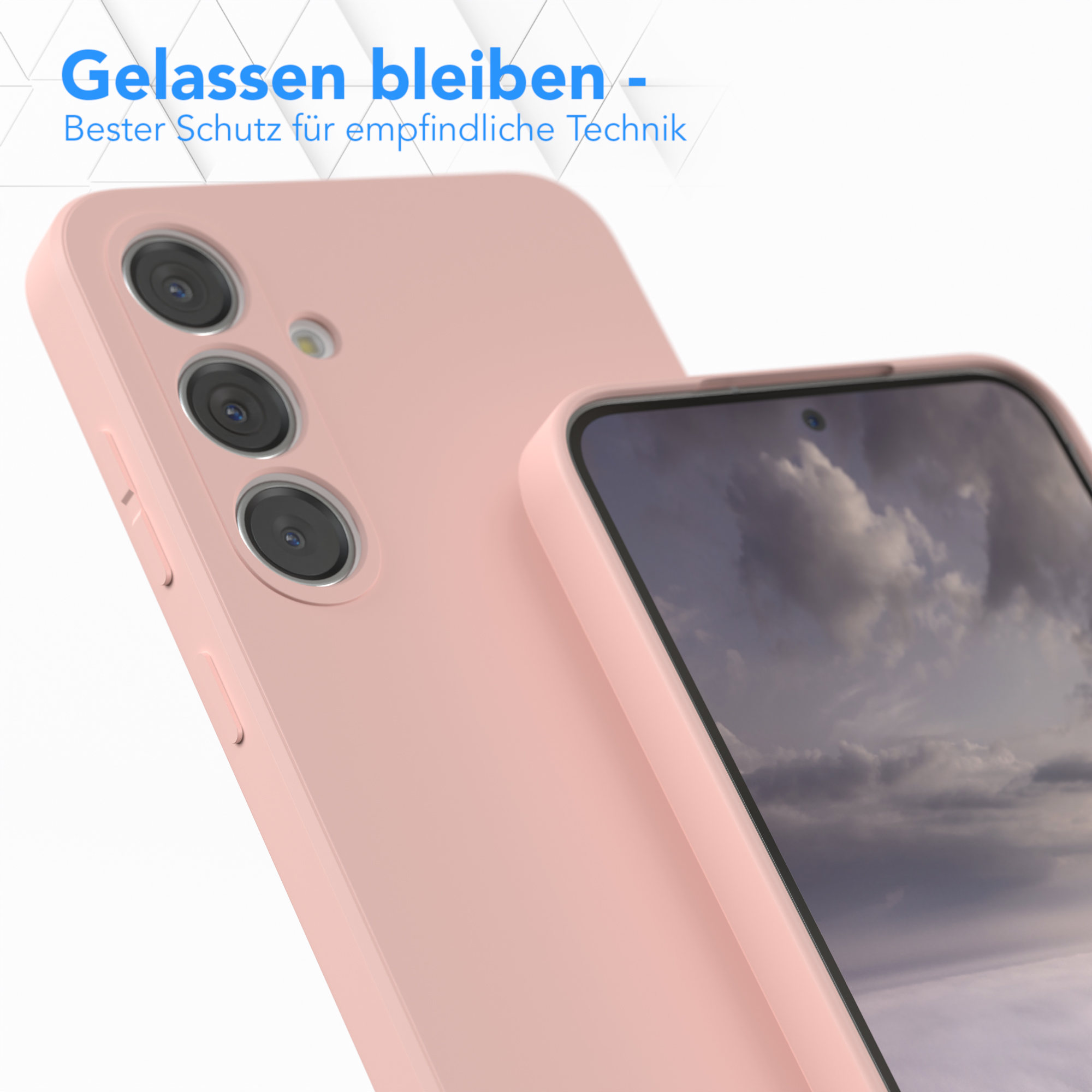 Rosa Handyhülle neben einem Telefon, mit Text: Gelassen bleiben - Bester Schutz für empfindliche Technik.