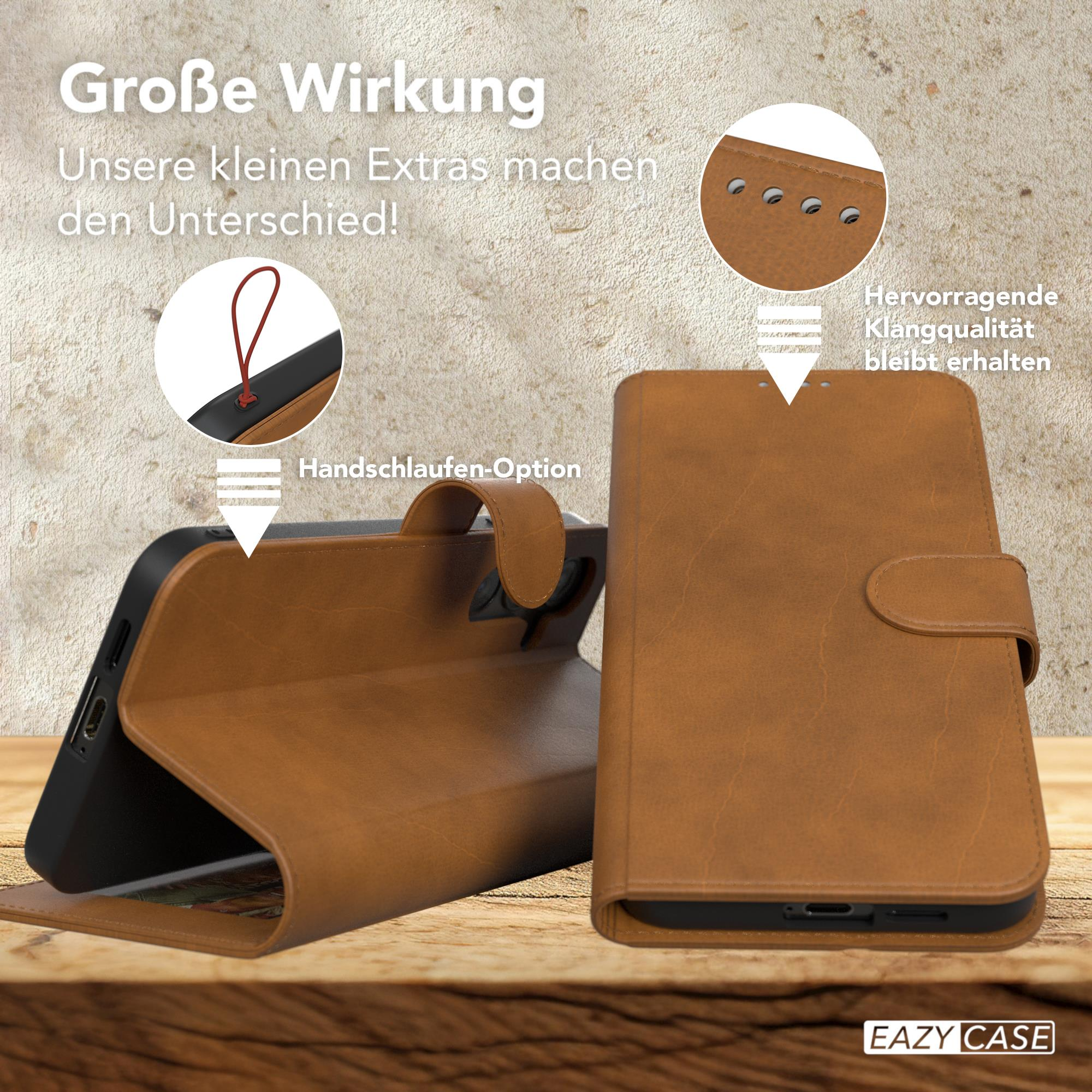Braune Leder-Handyhülle, geöffnet, um das Telefon zu zeigen. Pfeile zeigen auf Merkmale auf der Hülle.