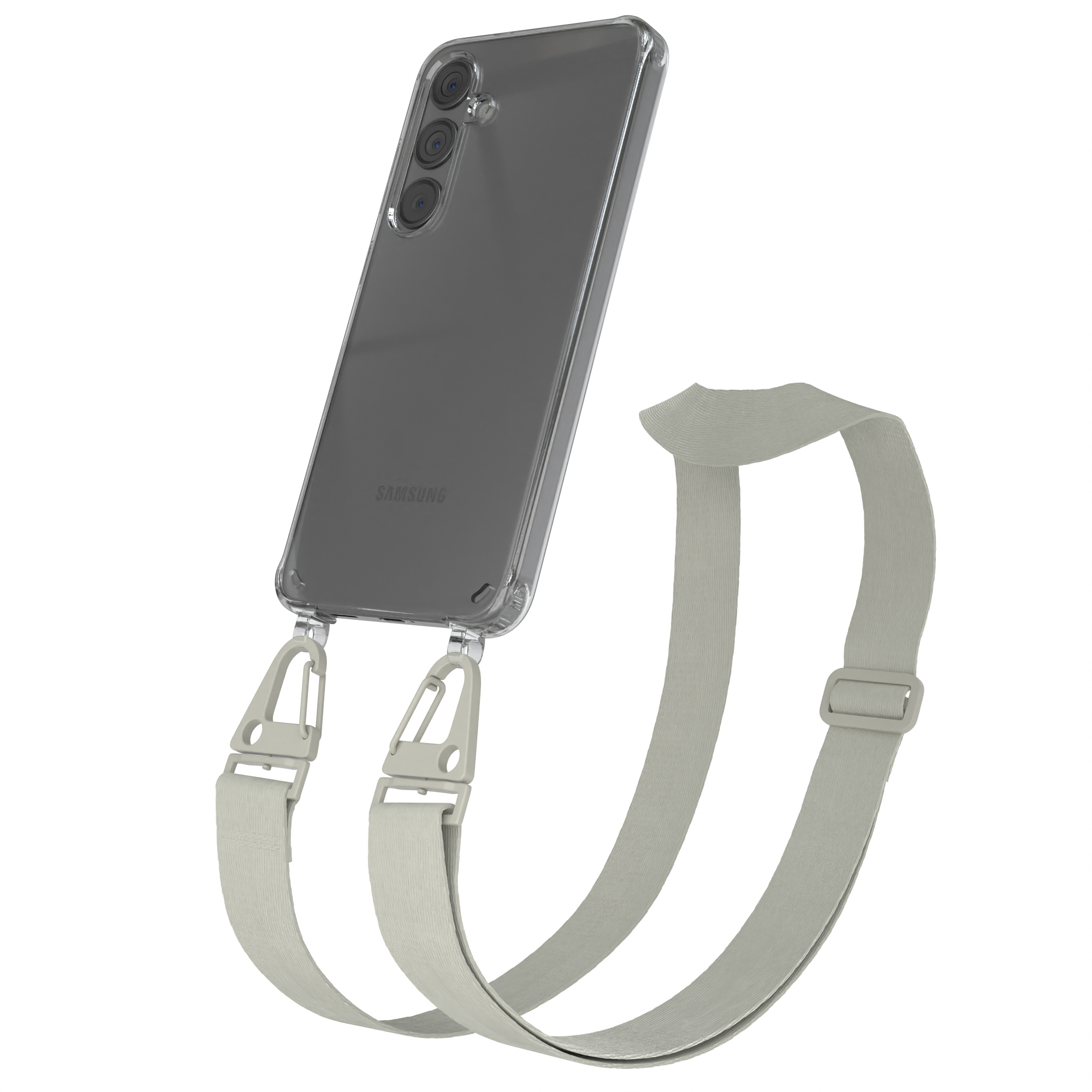 Transparente Handyhülle mit Riemen. Telefon ist grau. Weißer Hintergrund.