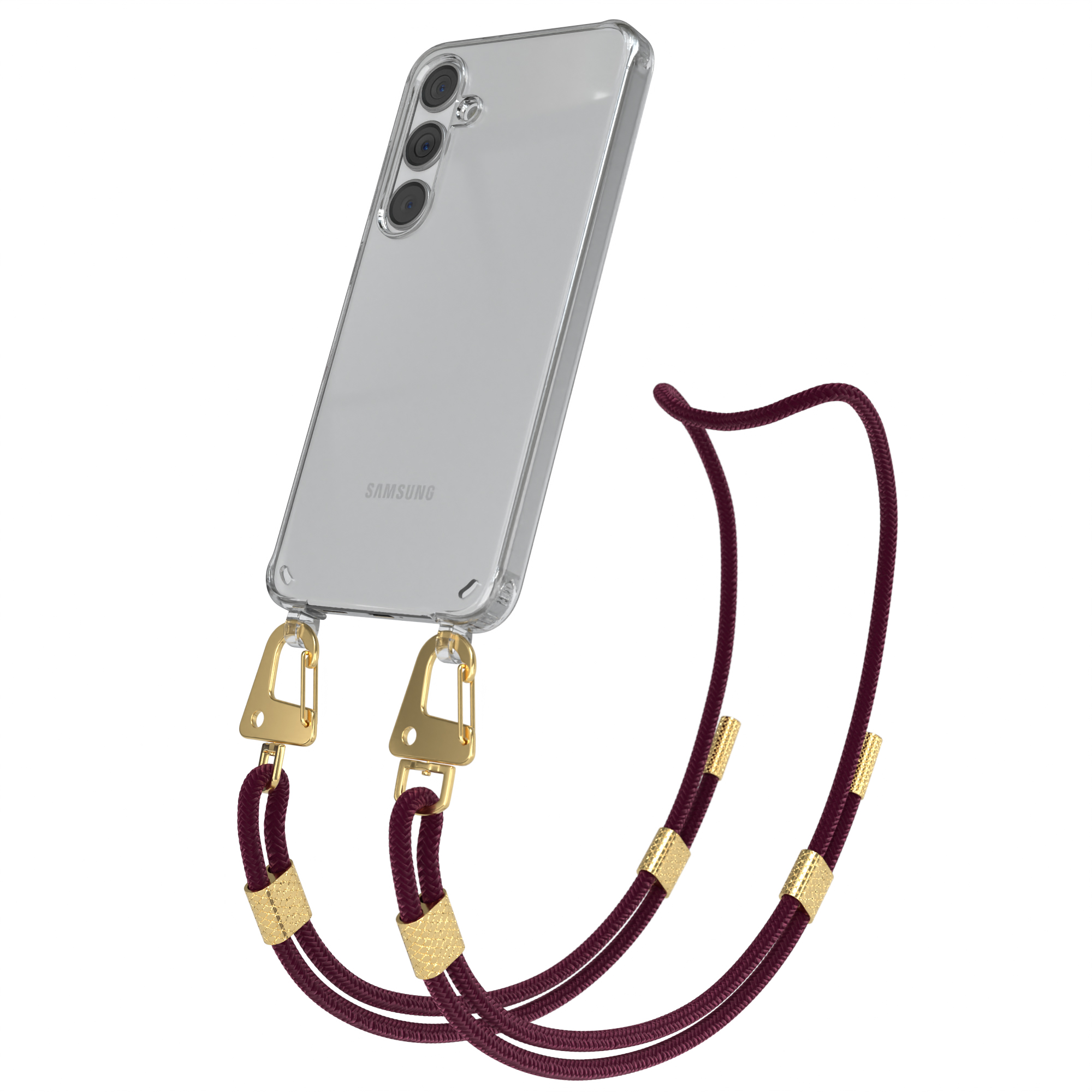 Telefon mit durchsichtiger Hülle und weinrotem Riemen, goldenen Haken. Weißer Hintergrund.