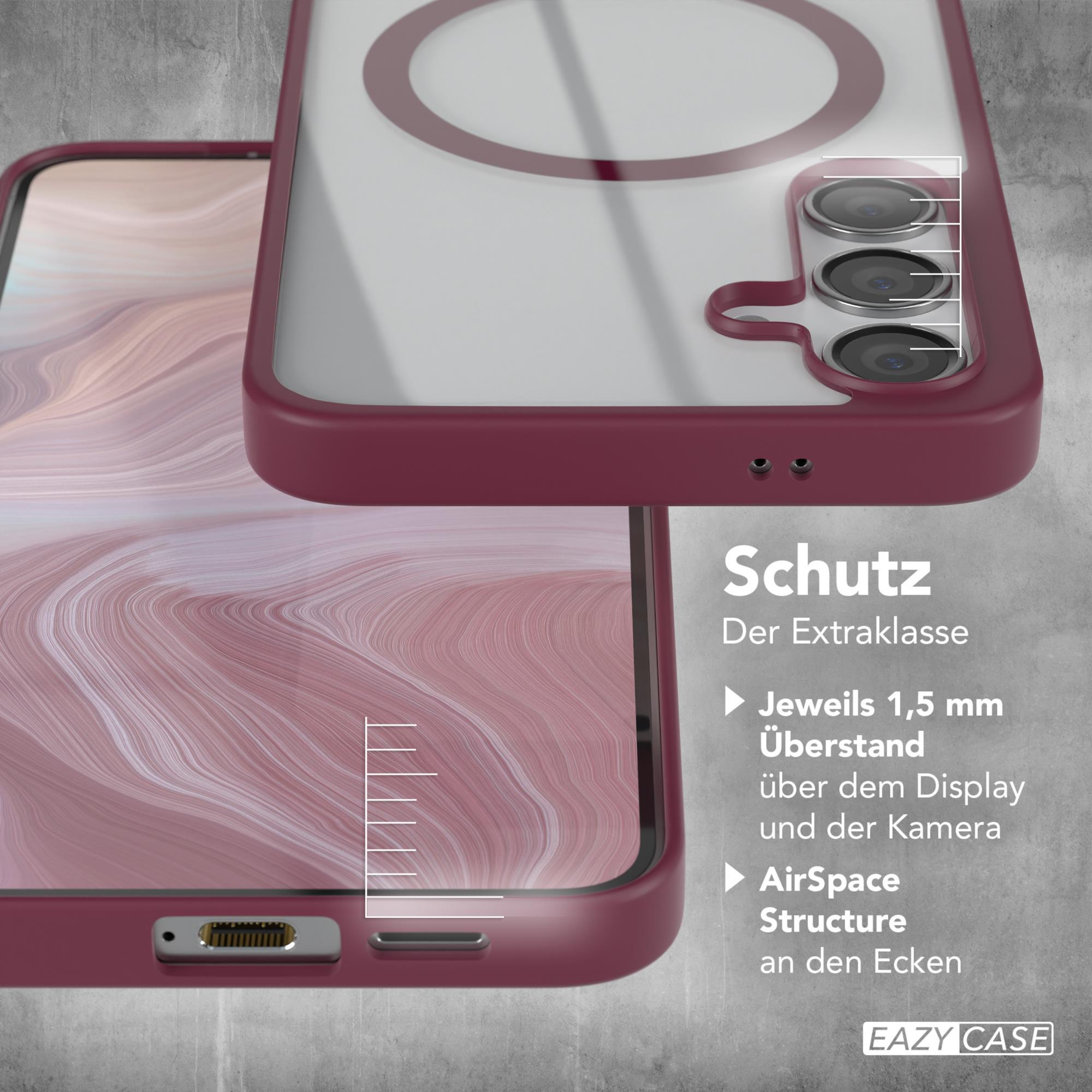 Eine Handyhülle mit rotem Rahmen, die ein Handy mit einem rosa Hintergrund schützt.