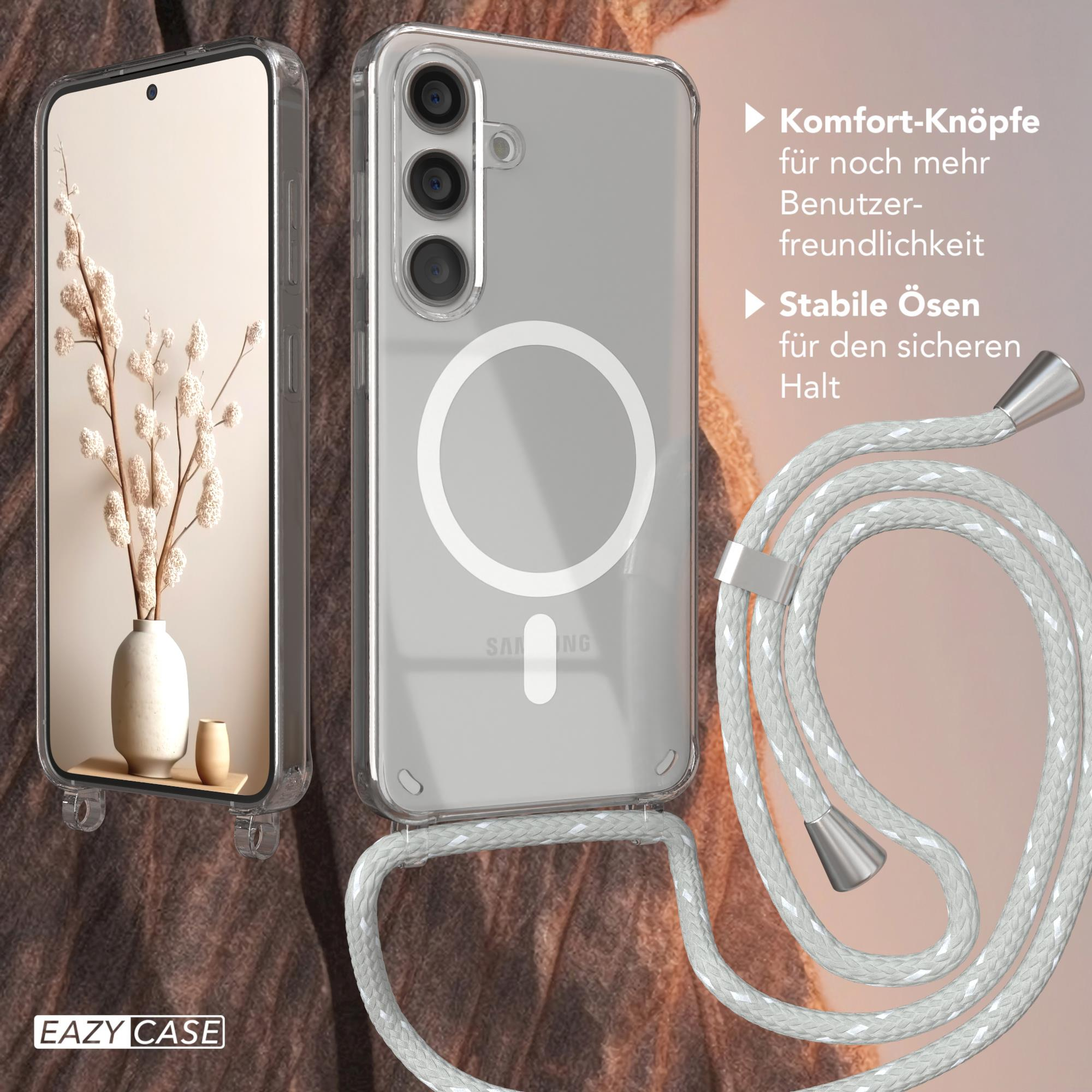 Transparente Handyhülle mit weißem Kordel, Telefon mit Vase und Ästen.