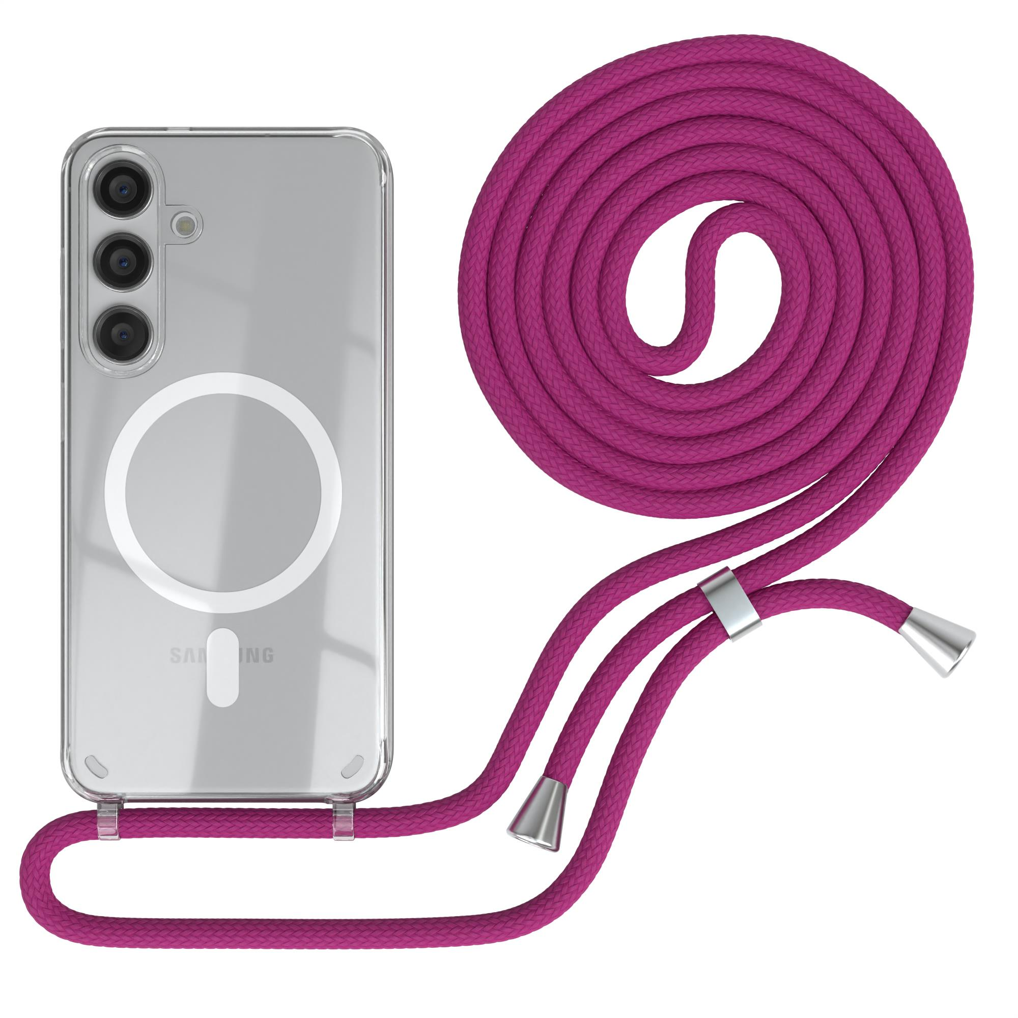 Ein Telefon in einer transparenten Hülle, mit magentafarbenem Gurt und weißem Hintergrund.
