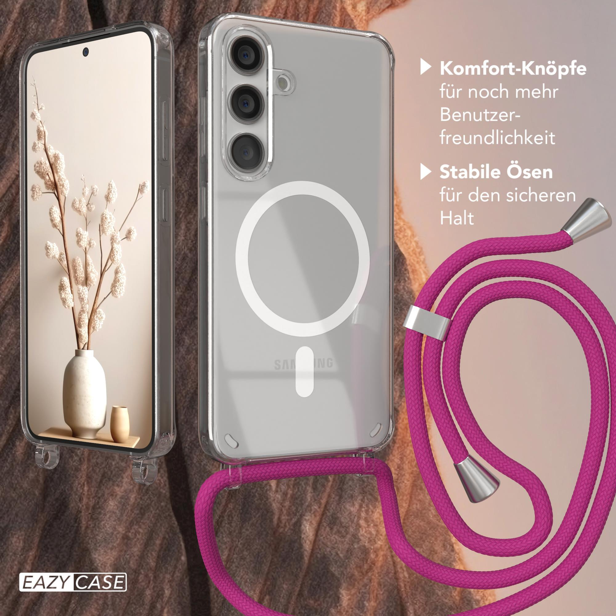 Transparente Handyhülle mit rosa Kordel und Telefon mit weißer Vase und Pflanze.