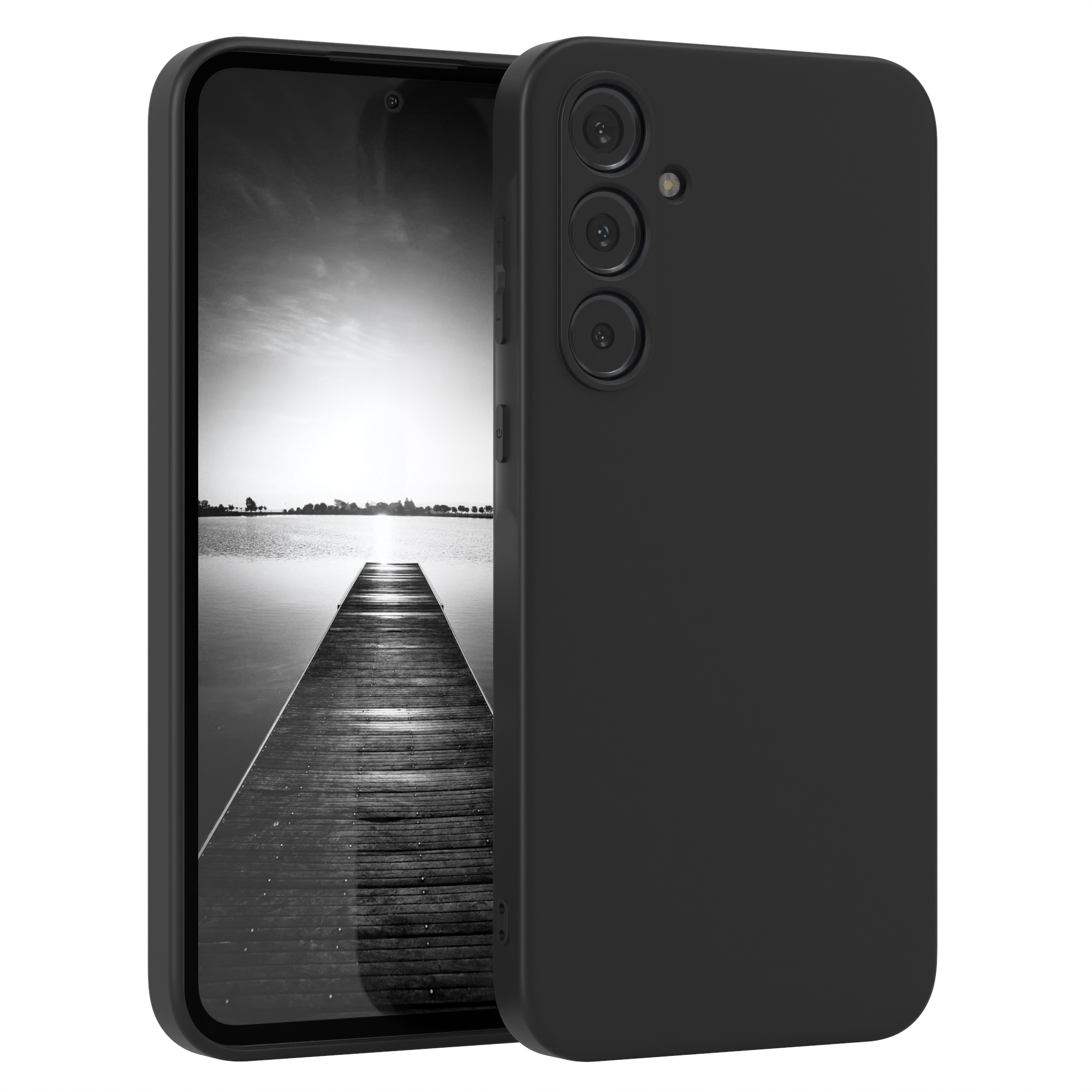 Eine schwarze Handyhülle. Die Hülle ist komplett schwarz und bedeckt das Telefon.