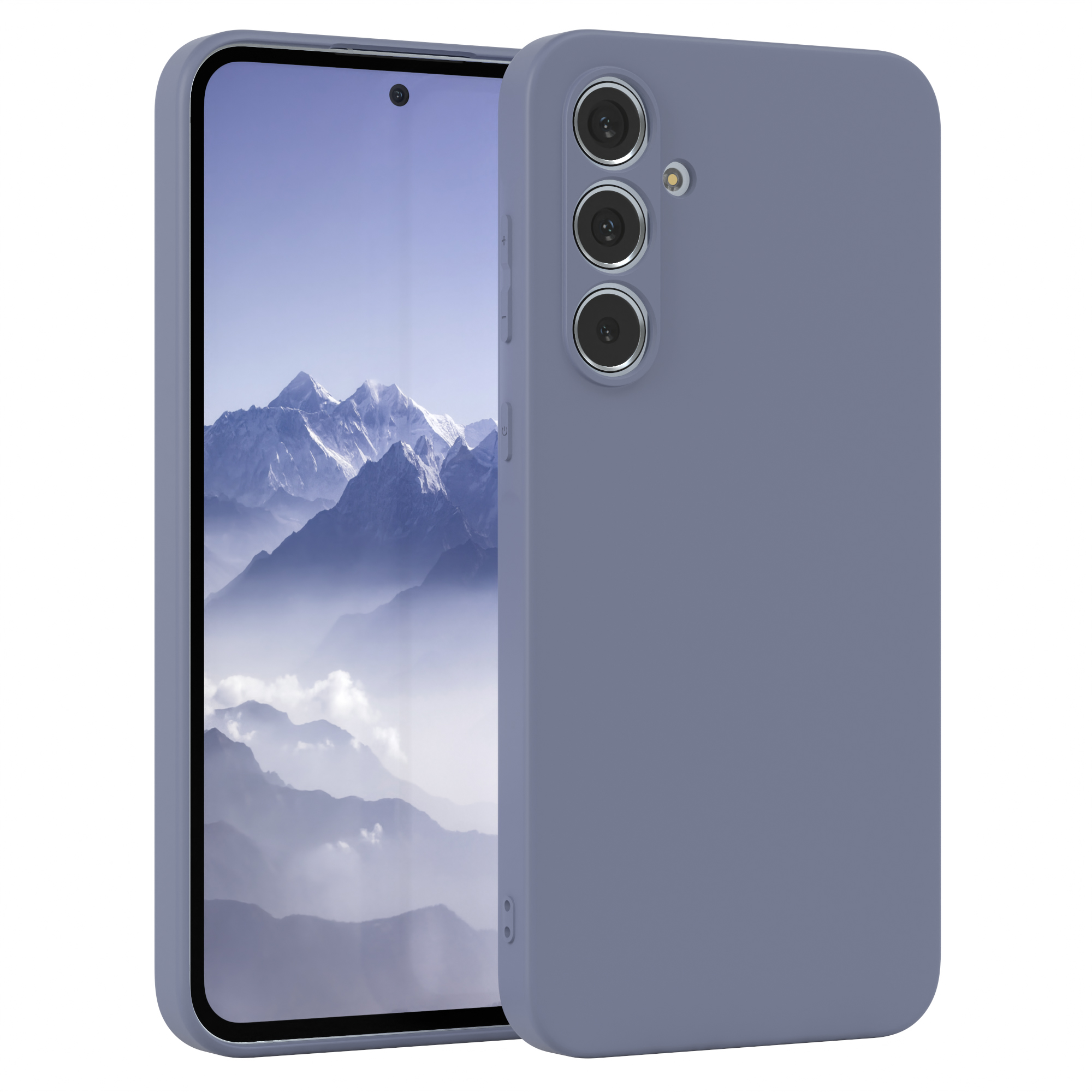 Ein lila Telefon mit Hülle. Auf der Rückseite des Telefons sind drei Kameras sichtbar.