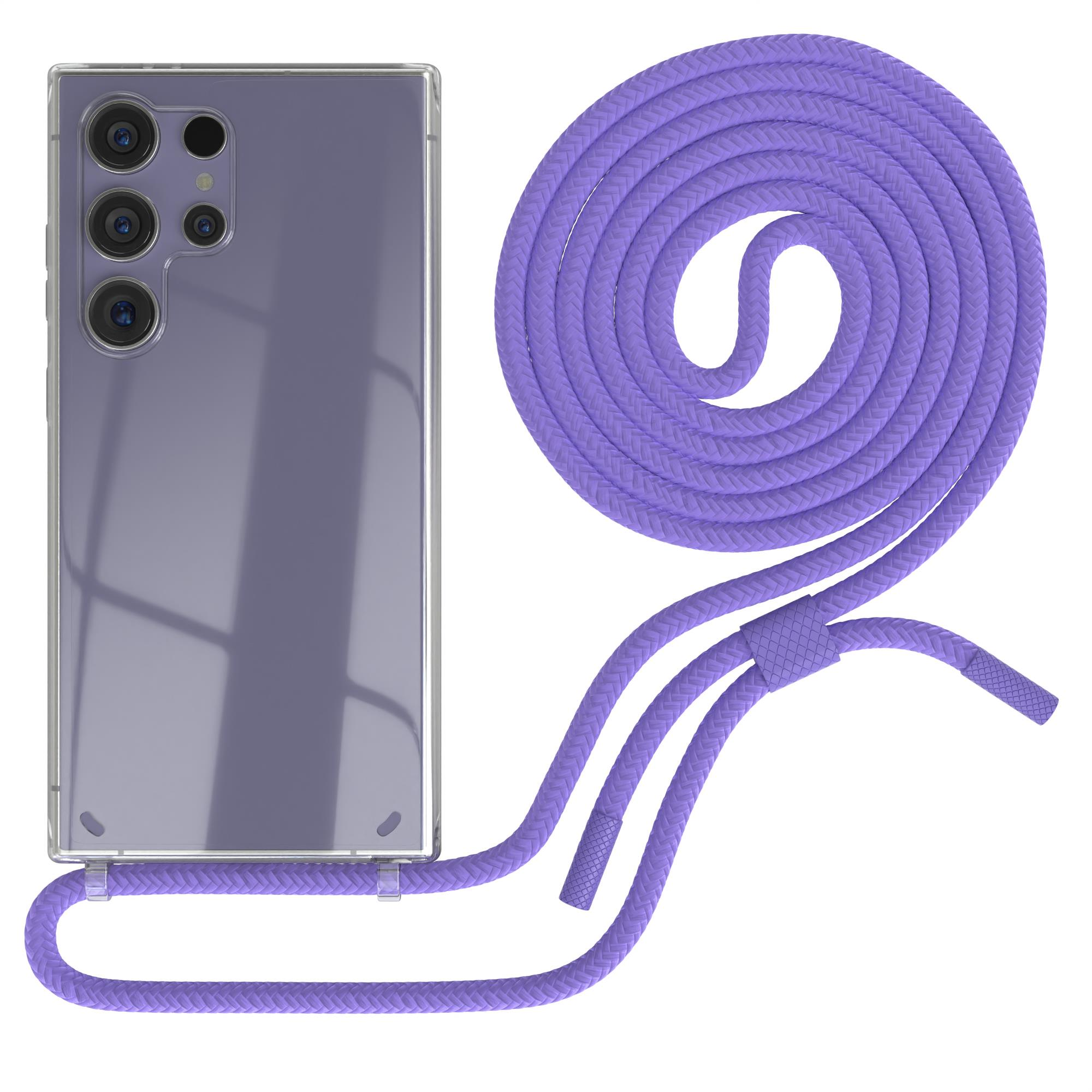 Transparente Handyhülle mit lila Kordel, links Telefon, rechts Kordel.