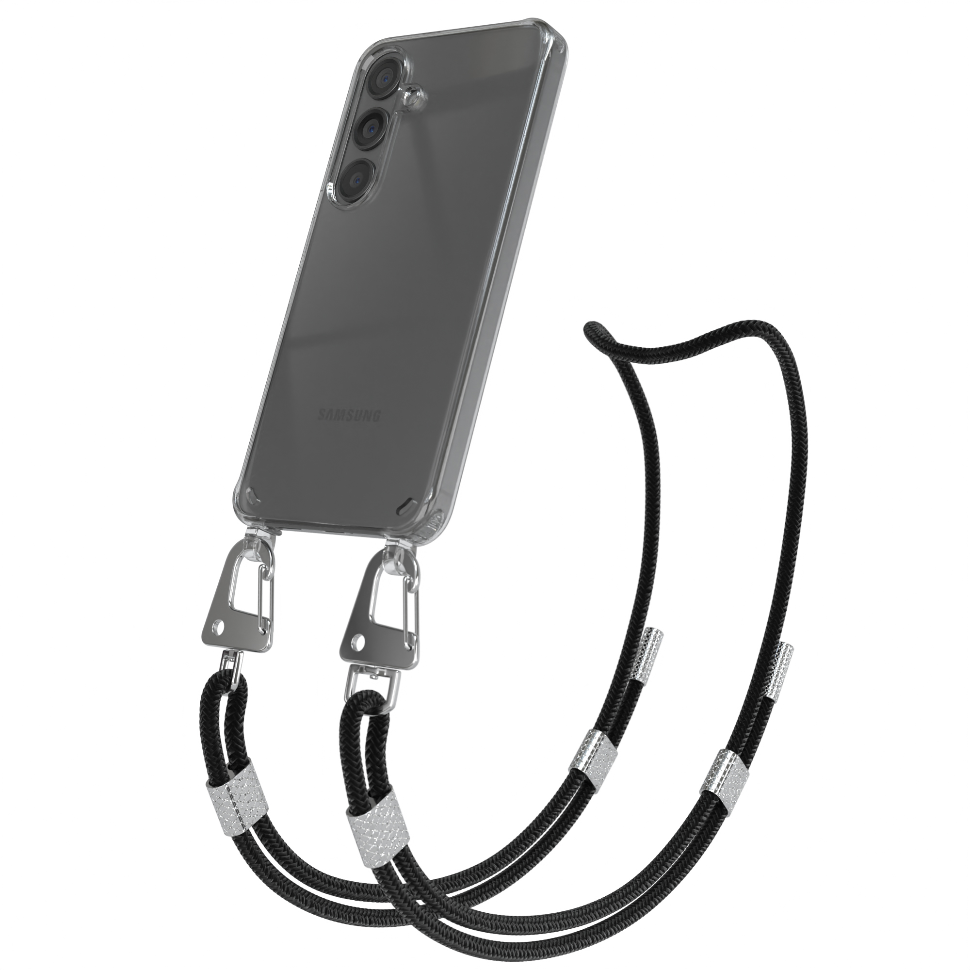 Telefon mit schwarzem Riemen. Der Riemen ist mit Metallhaken verbunden und hat silberne Details.