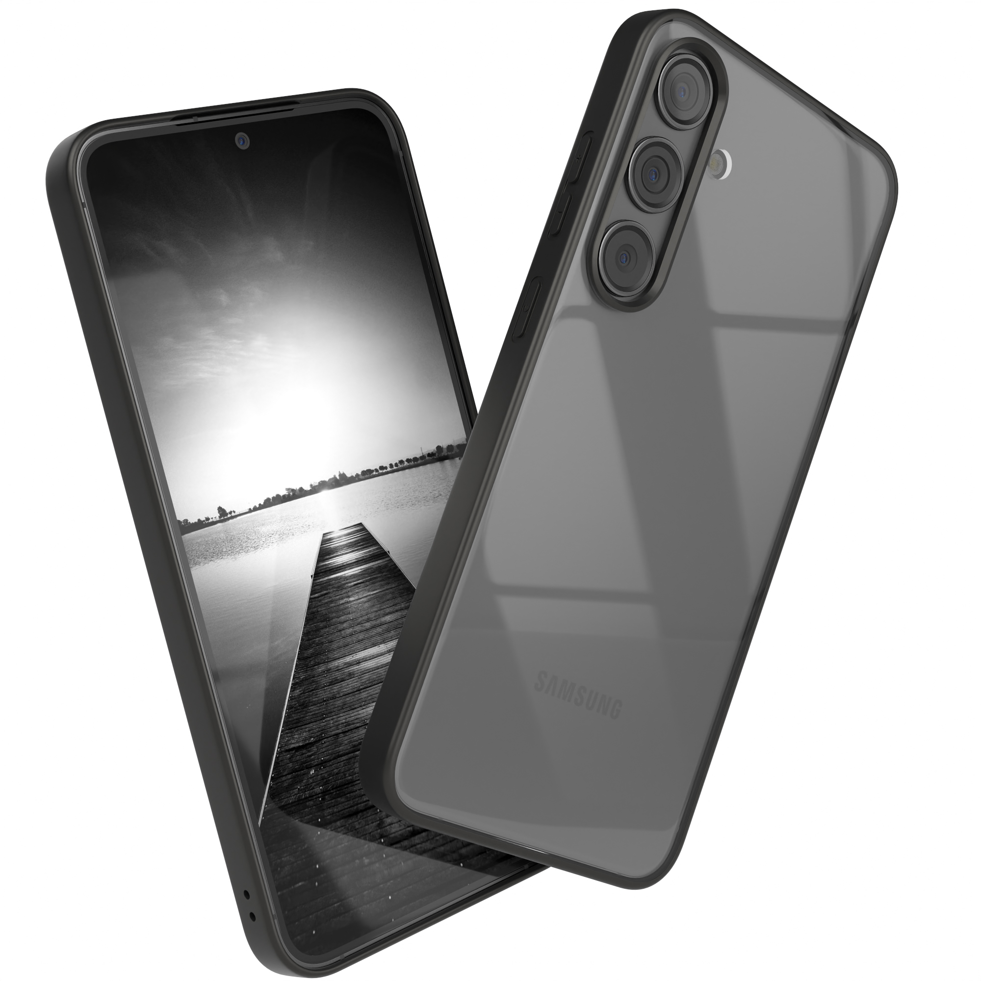 Schwarze Handyhülle mit Telefon, das eine Dockszene zeigt, vor weißem Hintergrund.
