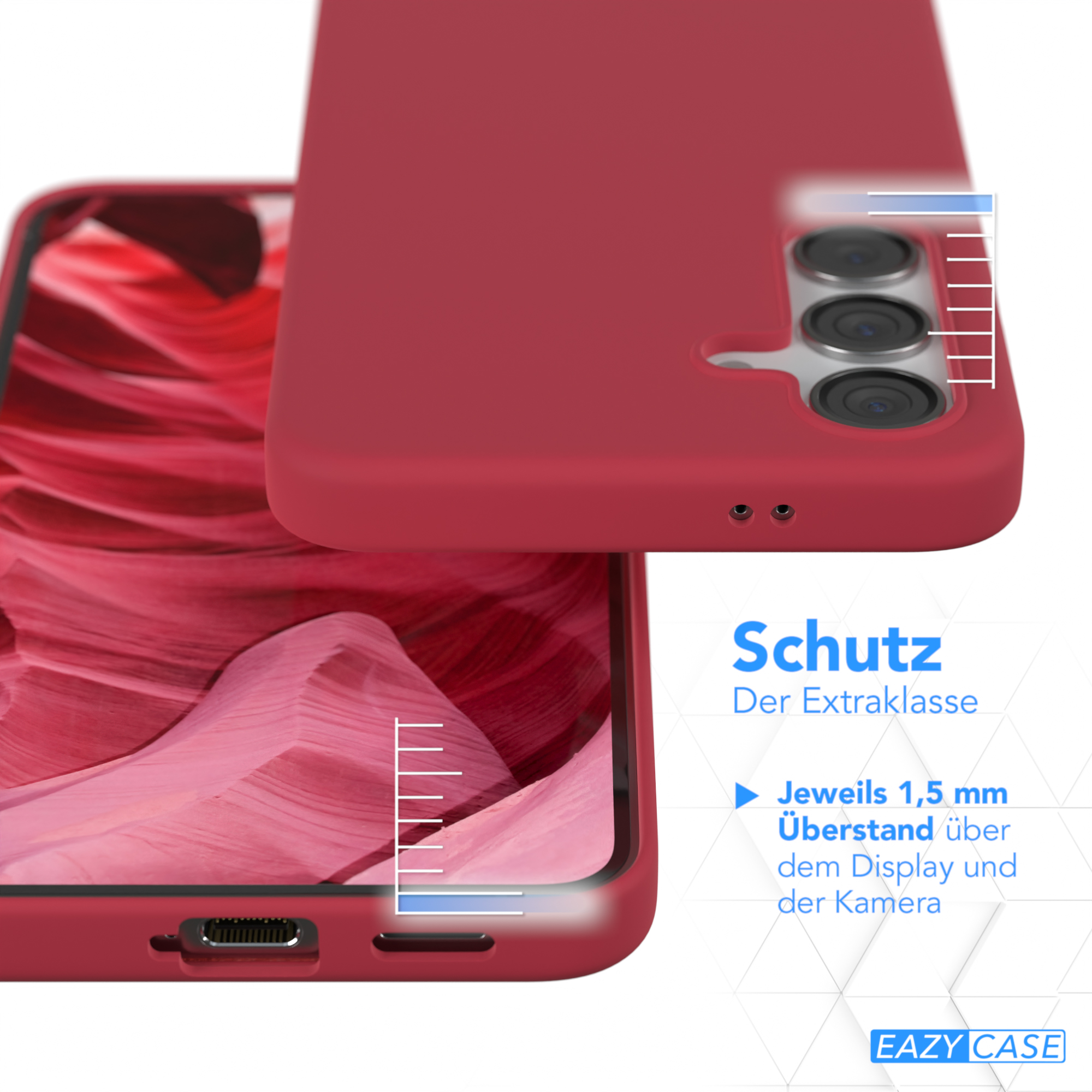 Rote Handyhülle auf einem Handy. Text: Schutz. 1,5 mm über Display und Kamera.