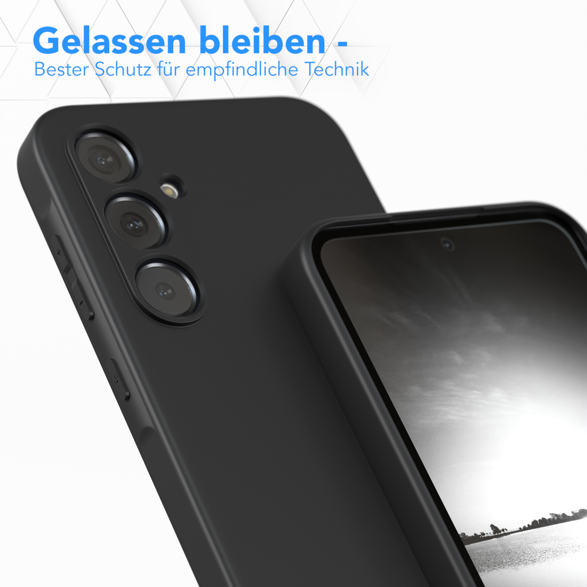 Schwarze Handyhülle mit Kameraerhöhung, Nahaufnahme eines Telefons.