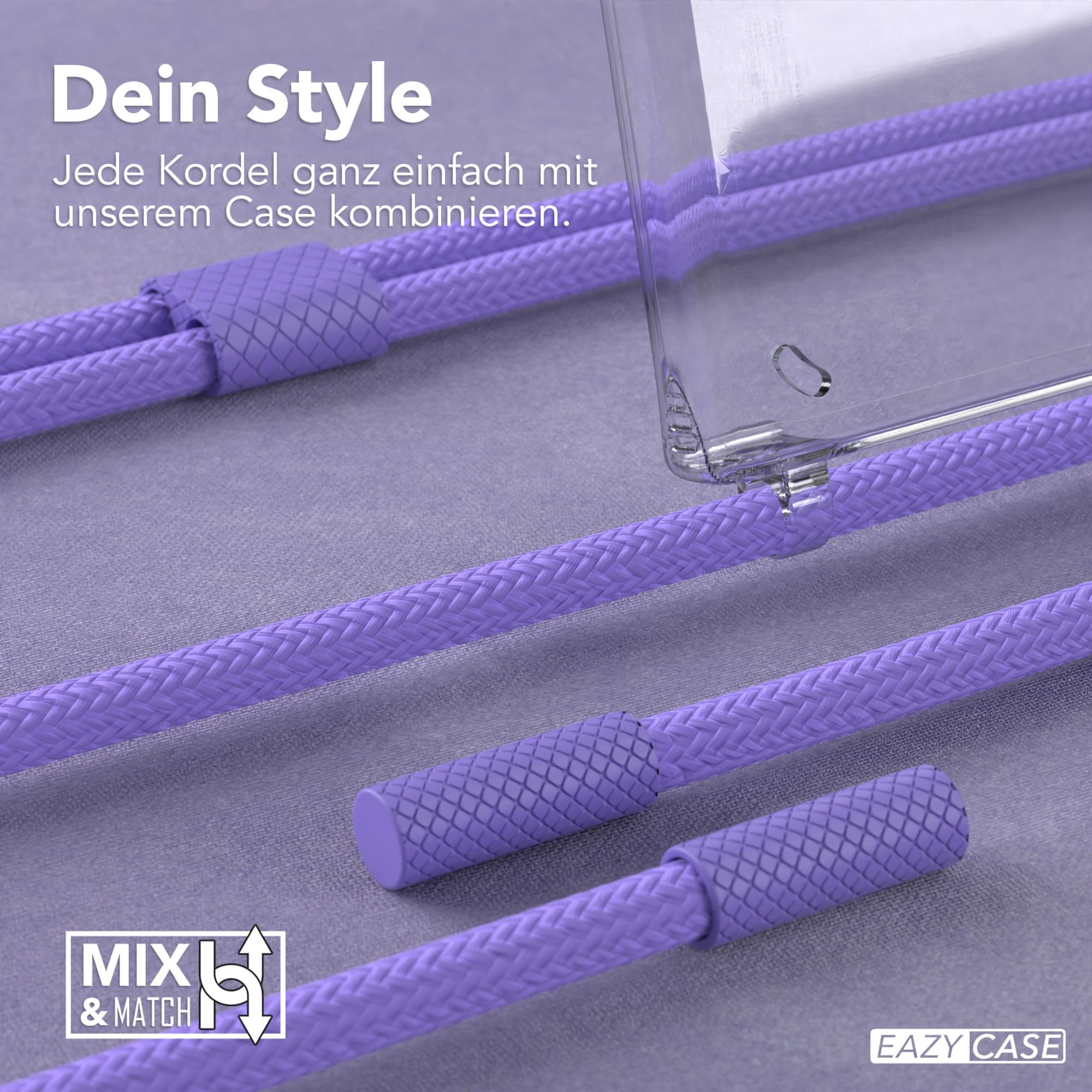 Nahaufnahme von lila Kordeln und einer Handyhülle, mit dem Text "Mix & Match" und "Eazy Case".