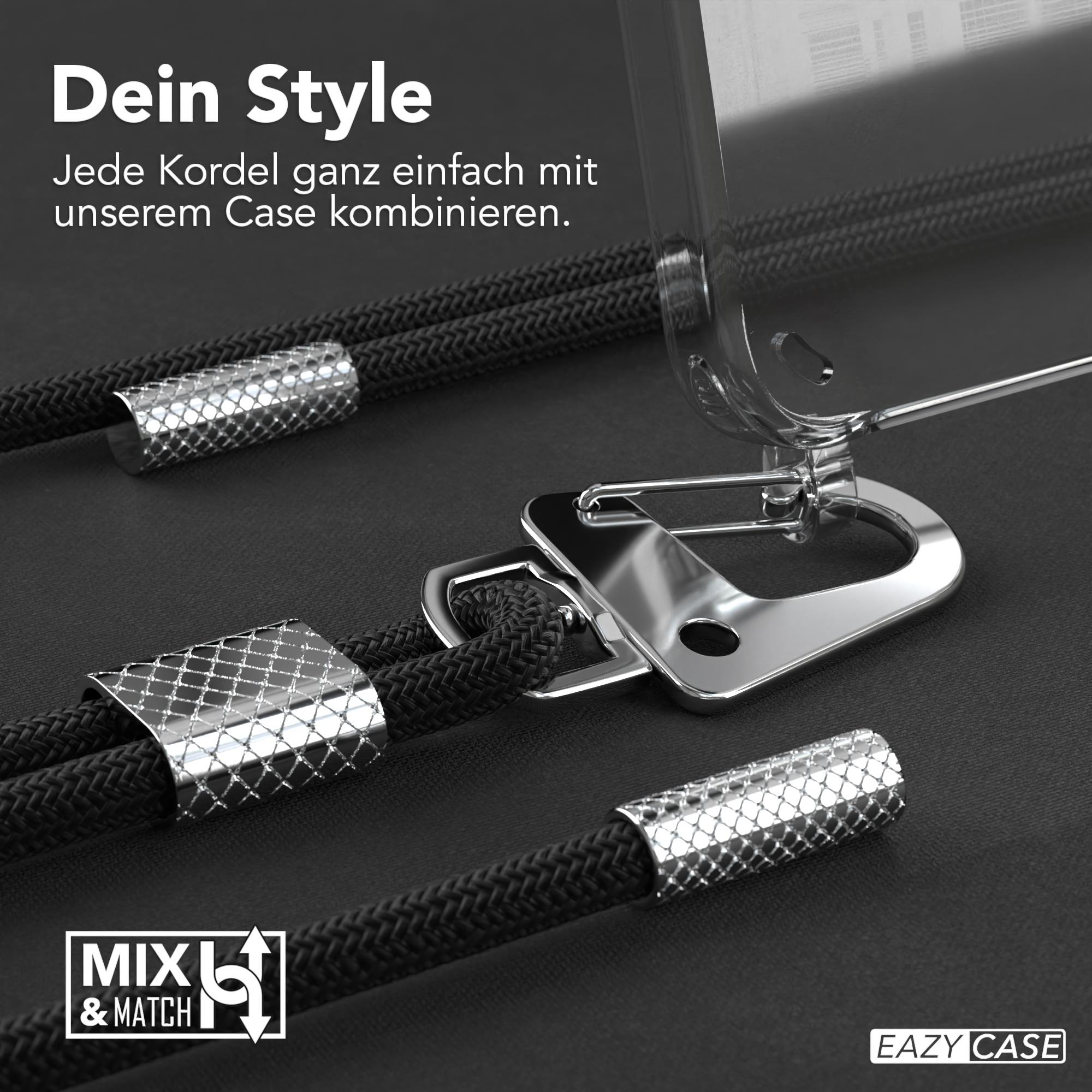 Schwarze und silberne Handyhülle mit schwarzem Kordel. Die Kordel hat Metallakzente.