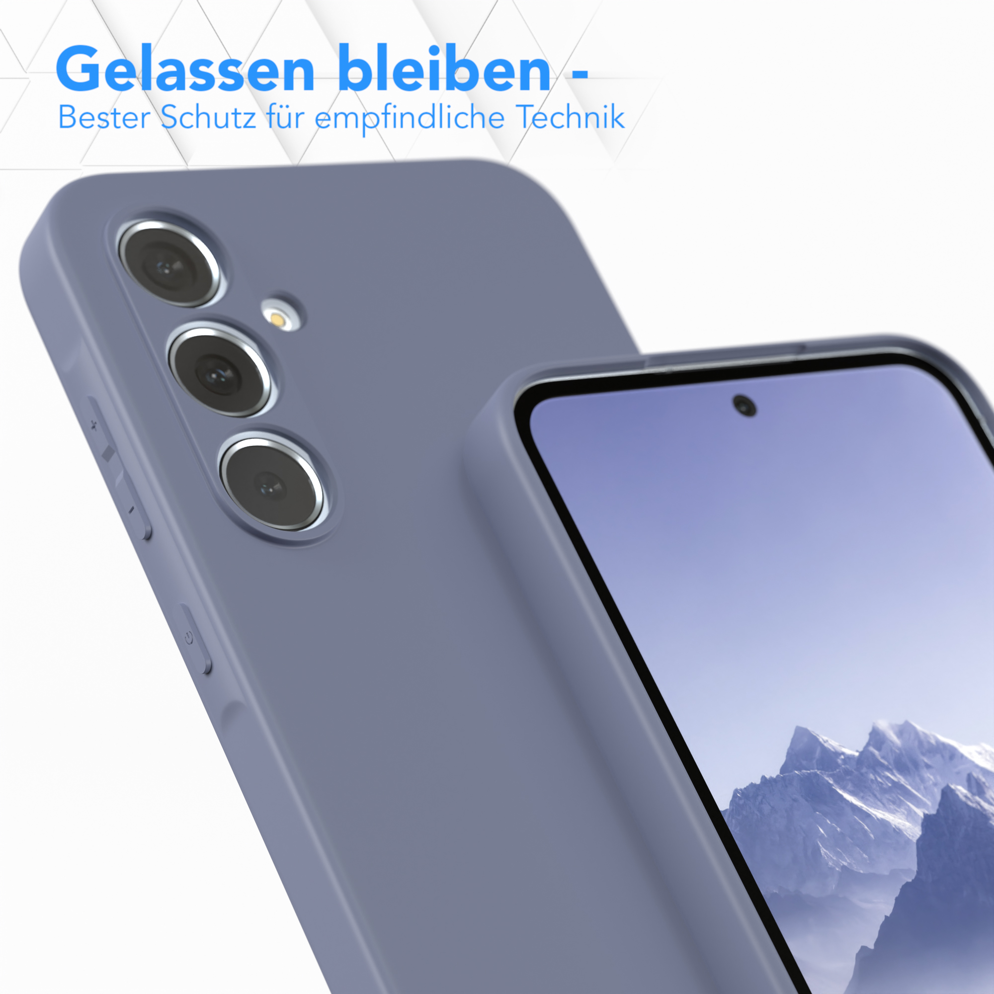 Telefon mit Schutzhülle, zeigt die Rückseite und den Bildschirm.