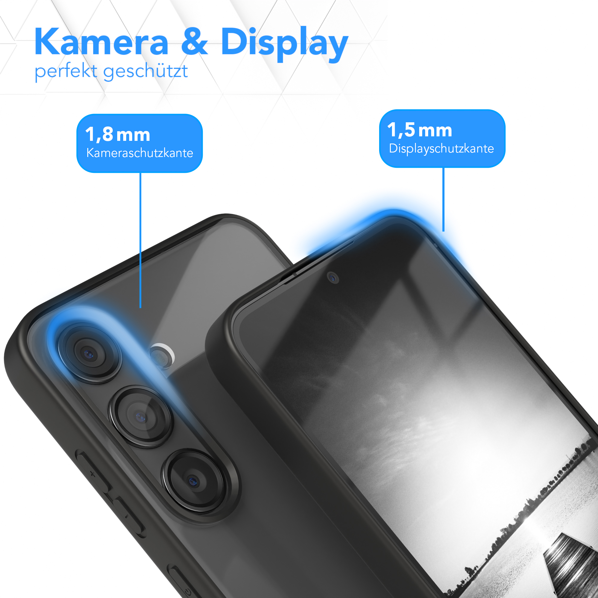 Nahaufnahme eines schwarzen Telefons mit Hülle, Schutzfunktionen. Kamera und Display sind hervorgehoben.