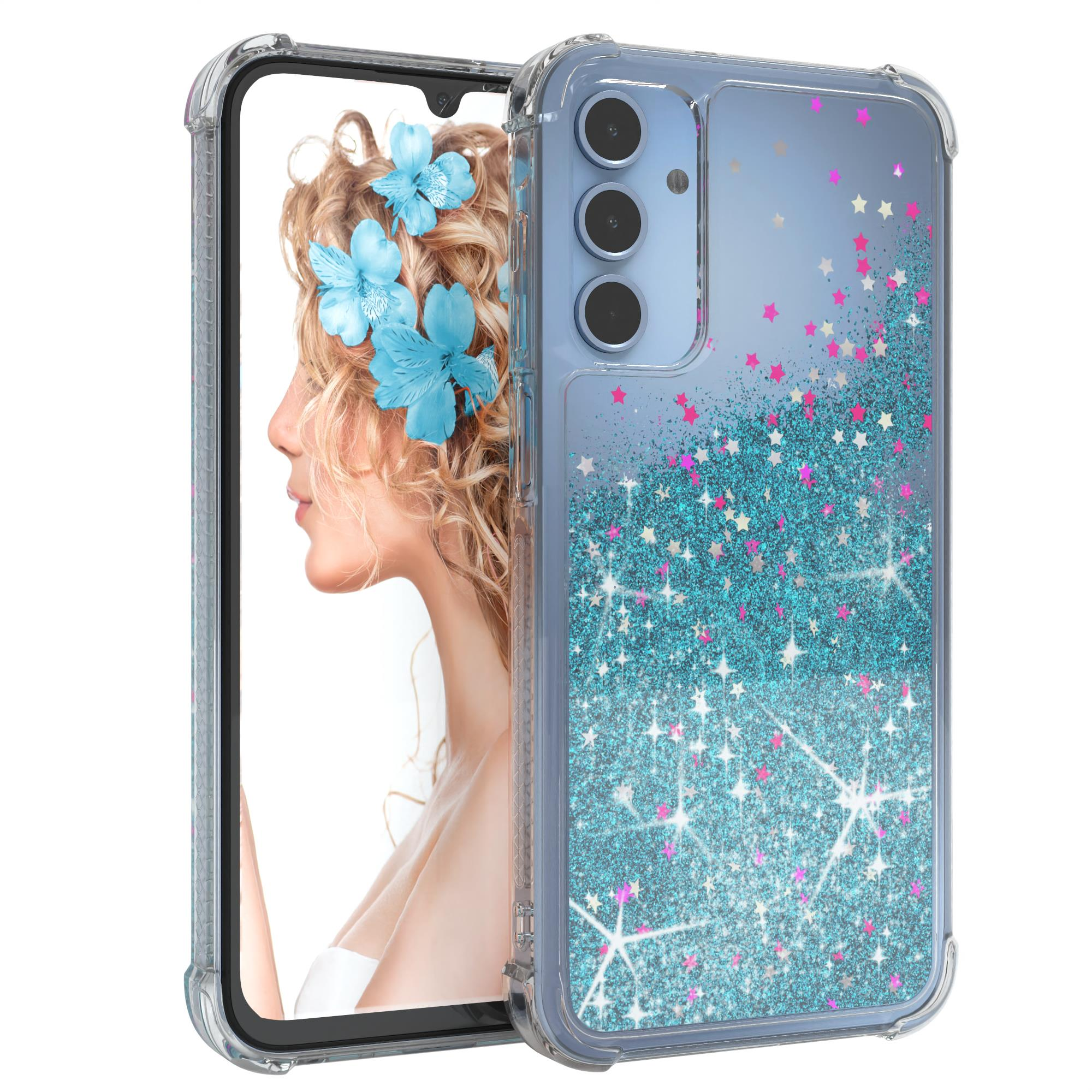 Glitzer-Handyhülle mit dem Gesicht einer Frau. Das Telefon hat Glitzer. Weißer Hintergrund.