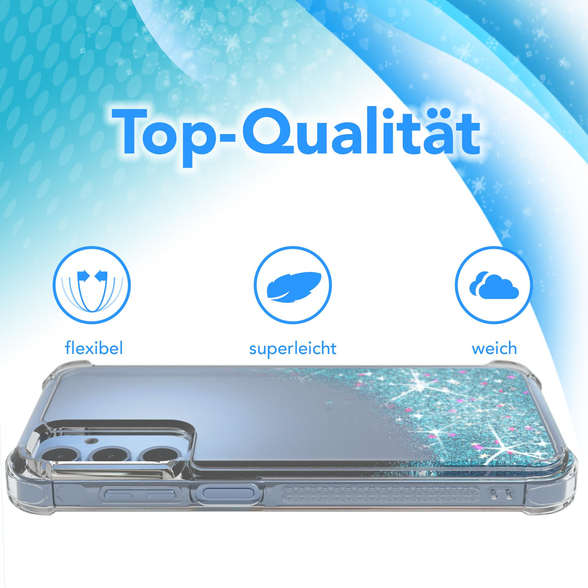 Transparente Handyhülle mit Glitzerdesign. Der Text lautet 'Top-Qualität' und Merkmale: flexibel, superleicht und weich.