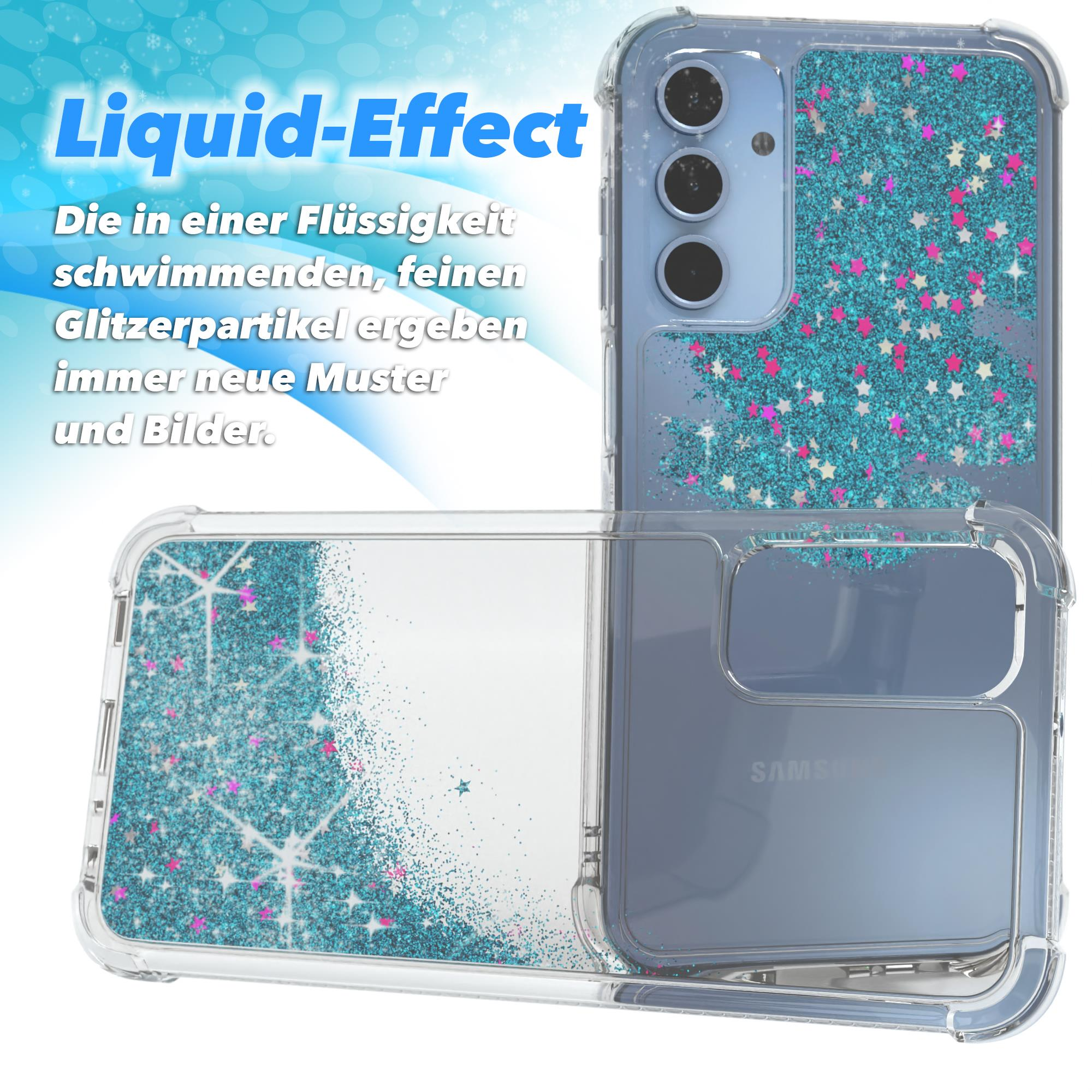 Handyhülle mit Glitzer in Flüssigkeit. Es hat eine transparente Kunststoffaußenseite und blauen Glitzer.