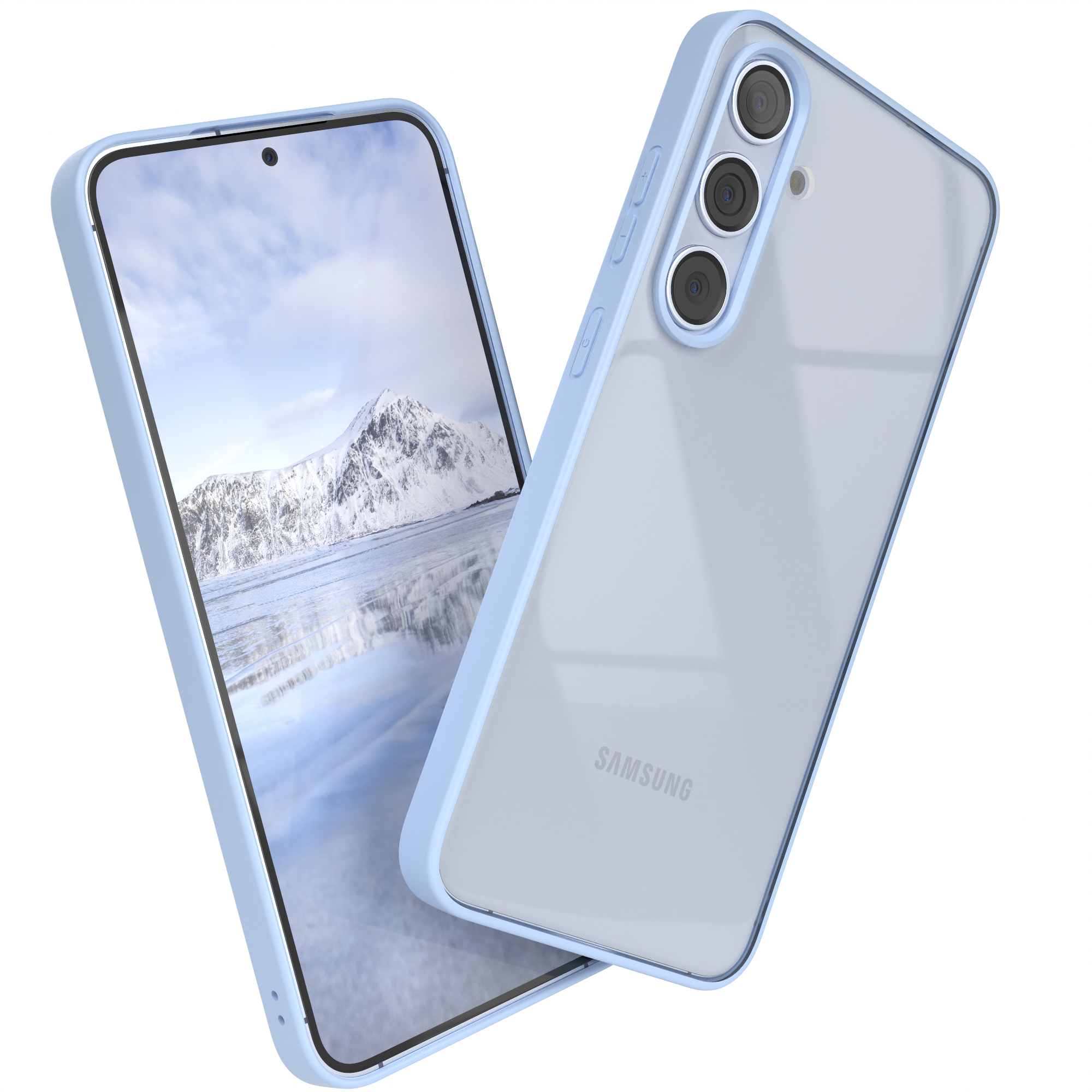 Zwei Telefone mit hellblauen Hüllen. Eines zeigt eine schneebedeckte Berglandschaft.