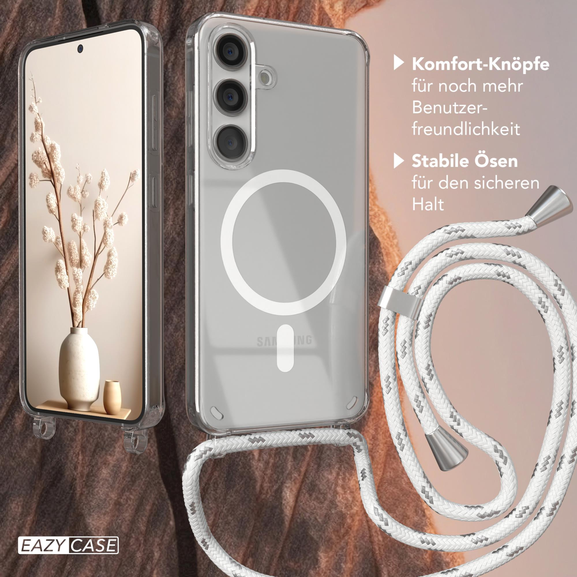 Ein Telefon in einer Hülle mit weißem Kabel.