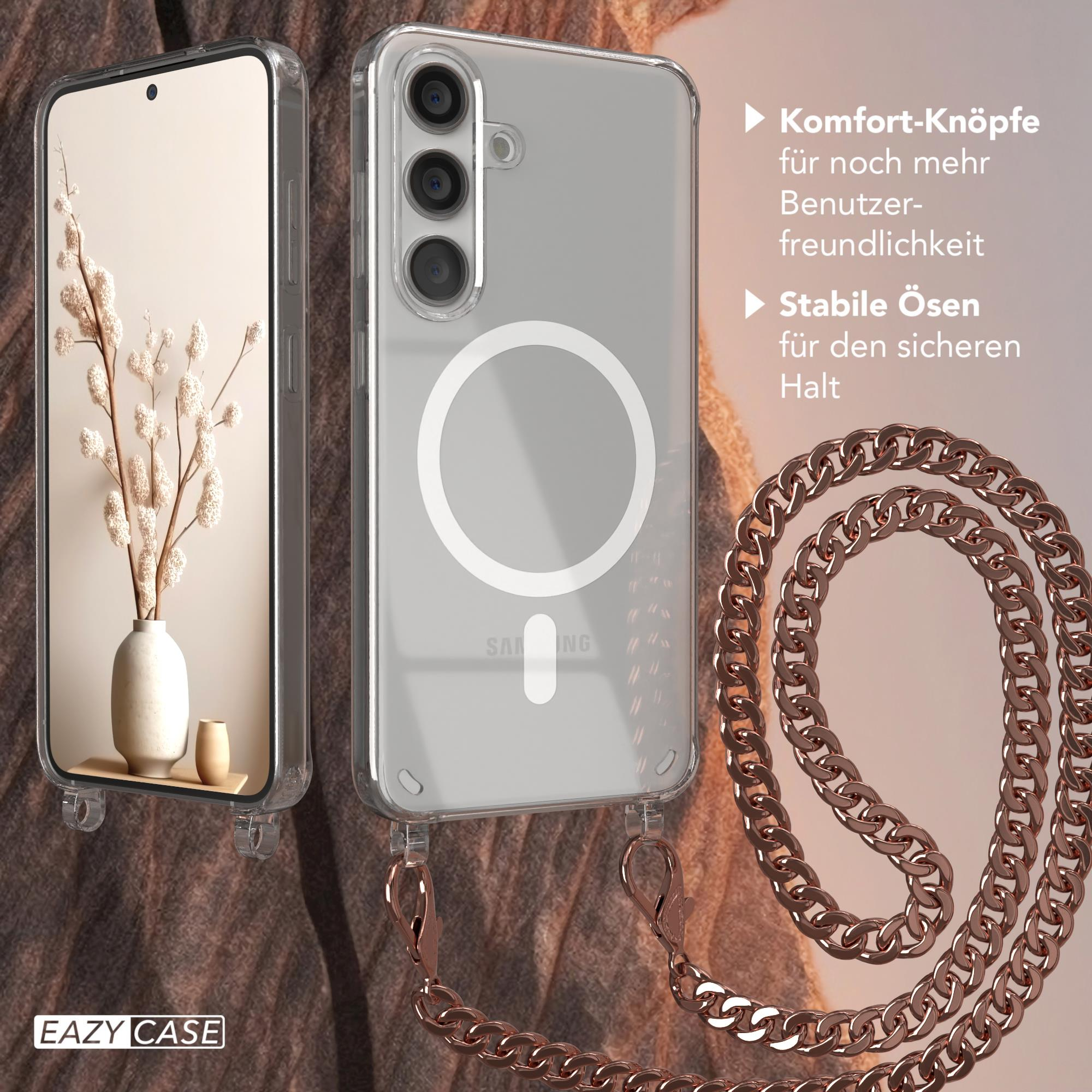 Ein Telefon in einer transparenten Hülle mit Kette, Vase mit Pampasgras und Text.