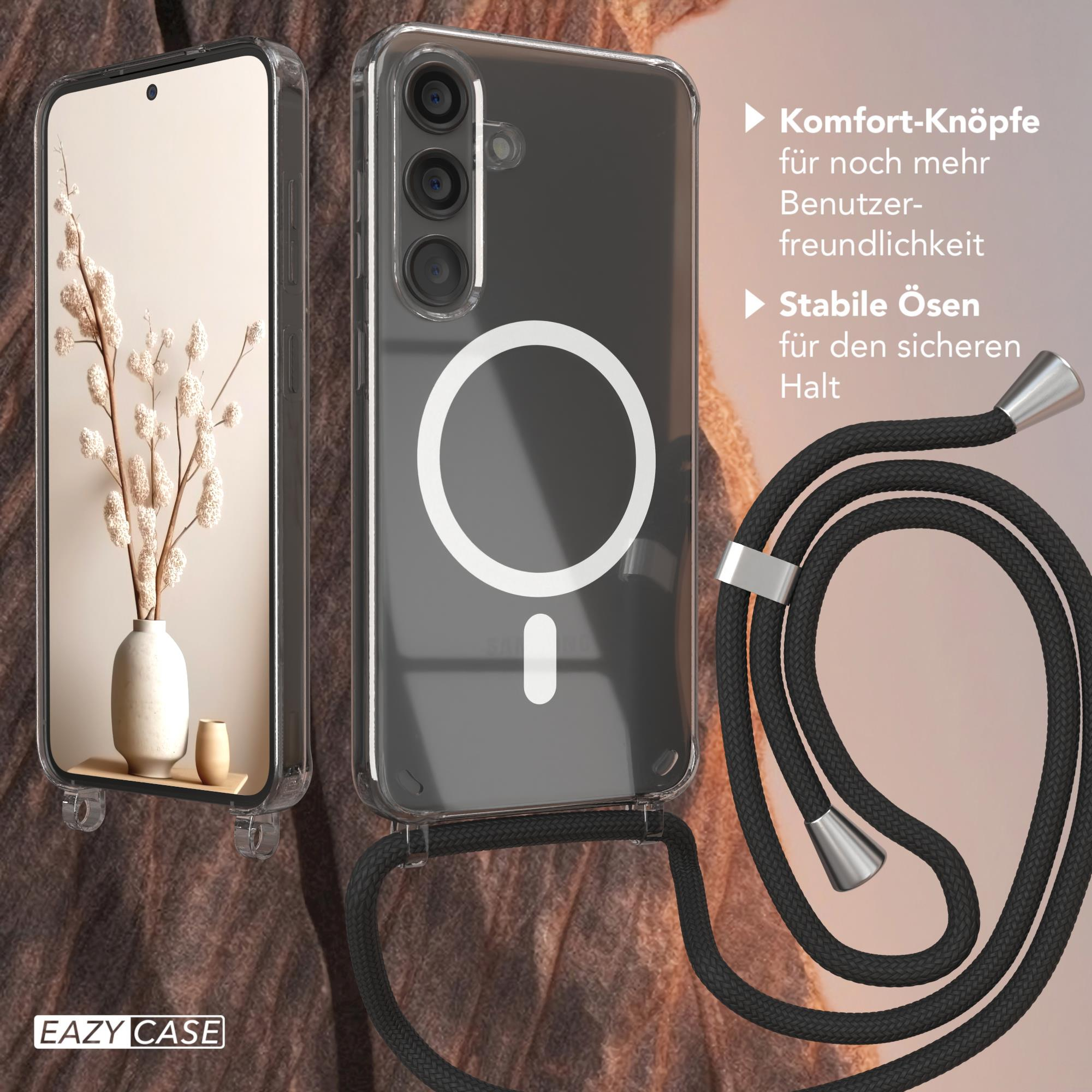 Telefon in klarer Hülle mit Kordel, neben einer Vase mit Blumen. Text erklärt Funktionen.