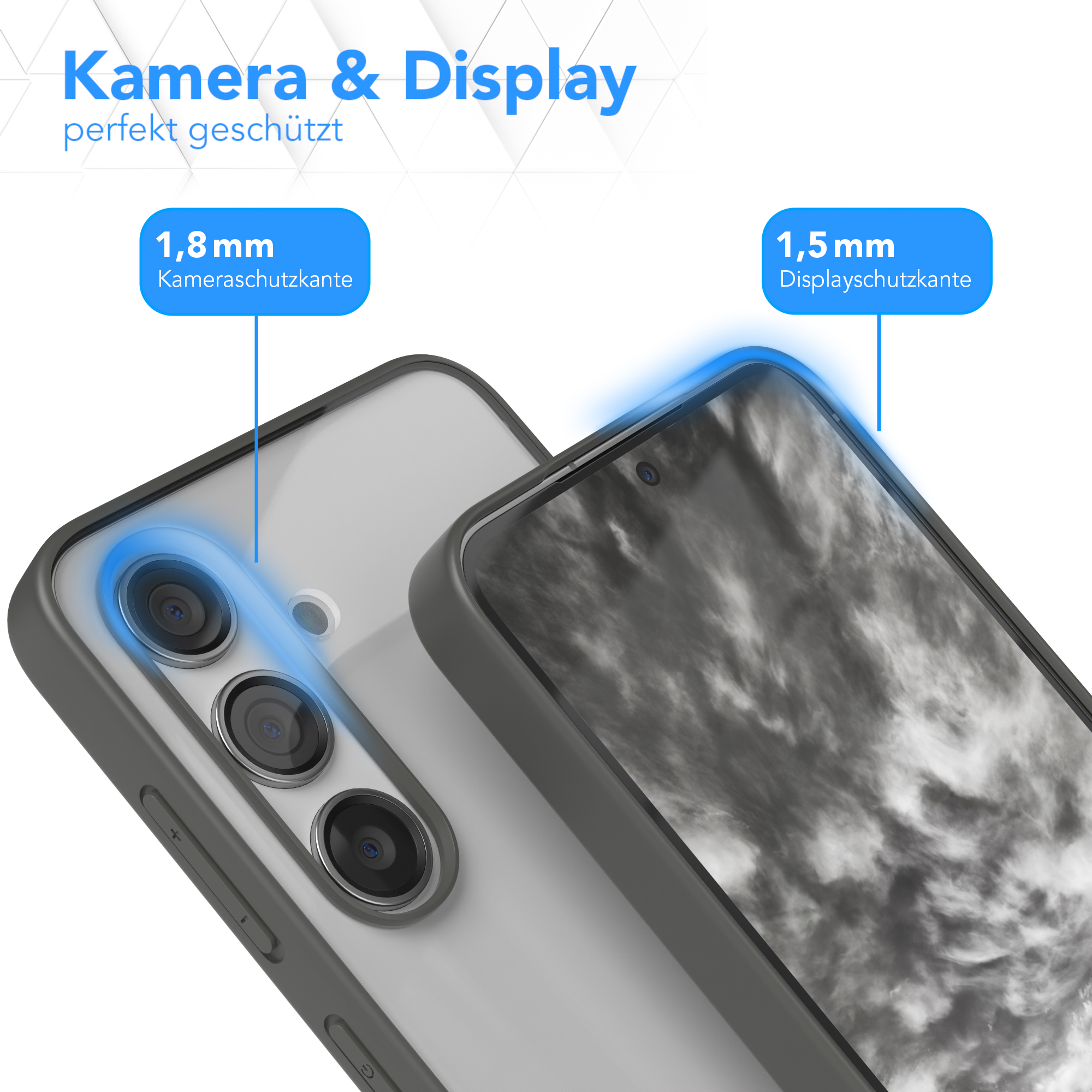 Nahaufnahme einer Handyhülle mit Telefon, Hervorhebung des Kamera- und Displayschutzes.